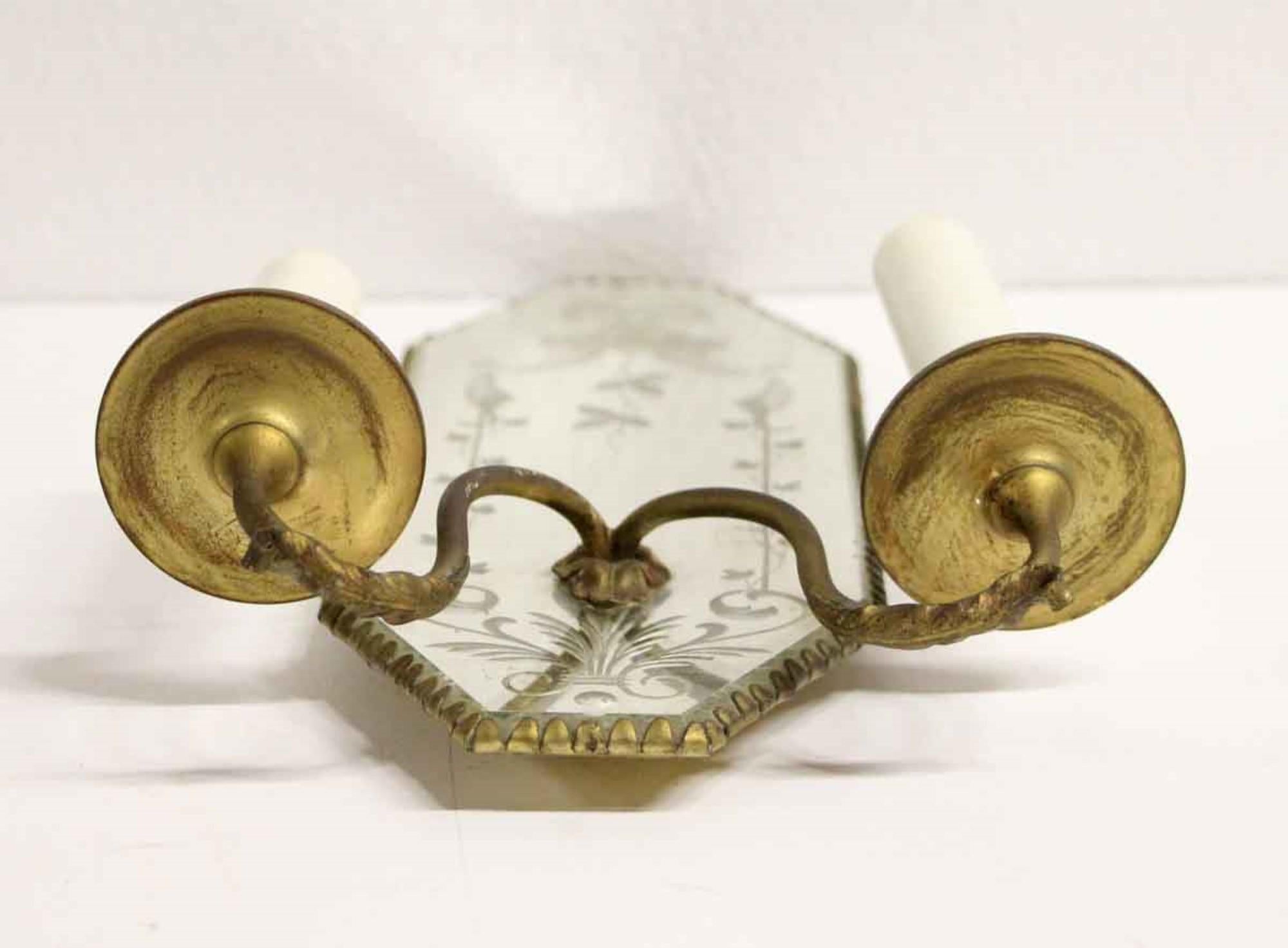 1930s Pair of 2 Arm French Sconces with Brass and Etched Mirror Back Plates 1