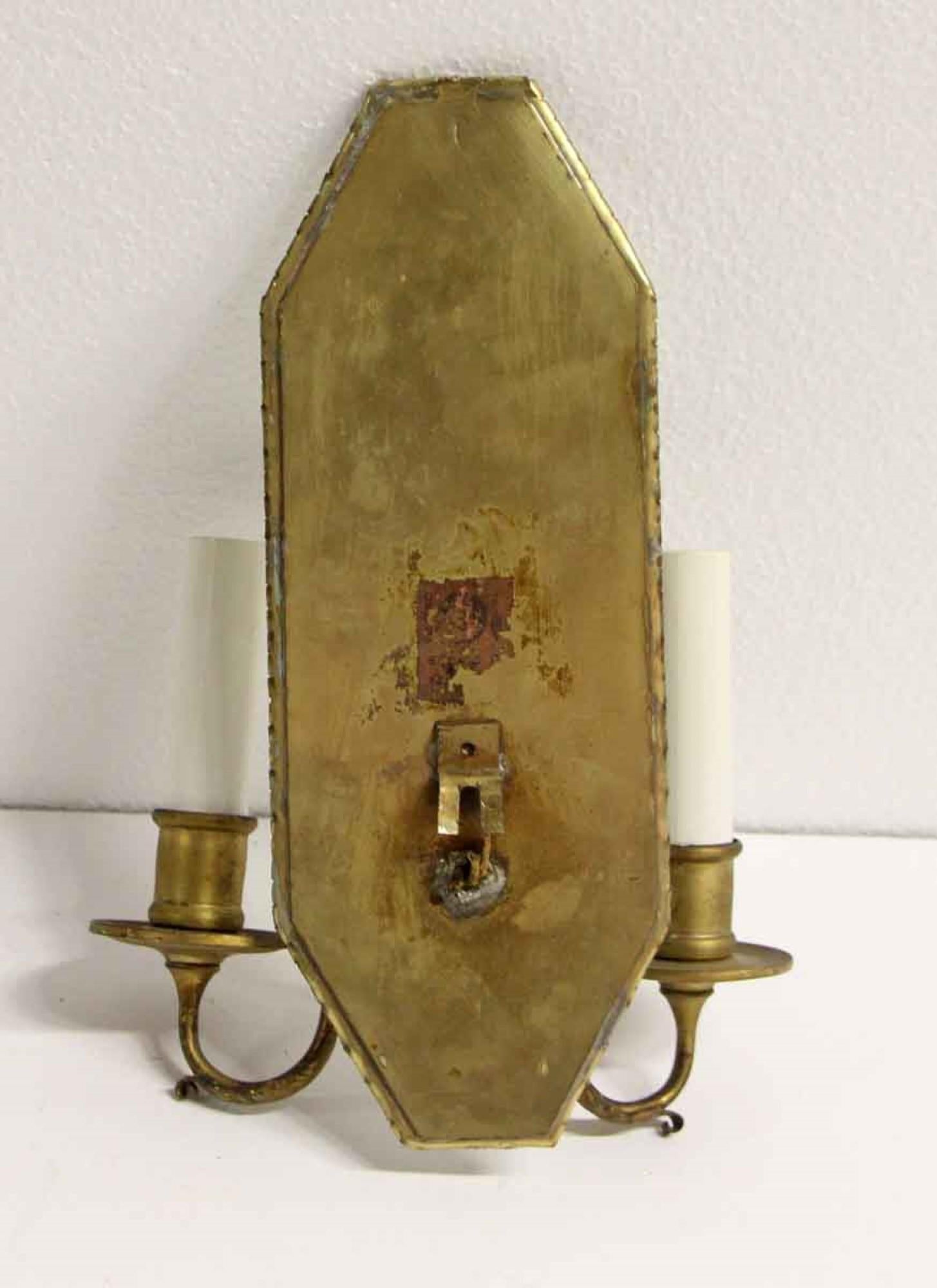 1930s Pair of 2 Arm French Sconces with Brass and Etched Mirror Back Plates 3