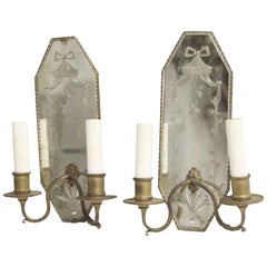1930s Pair of 2 Arm French Sconces with Brass and Etched Mirror Back Plates