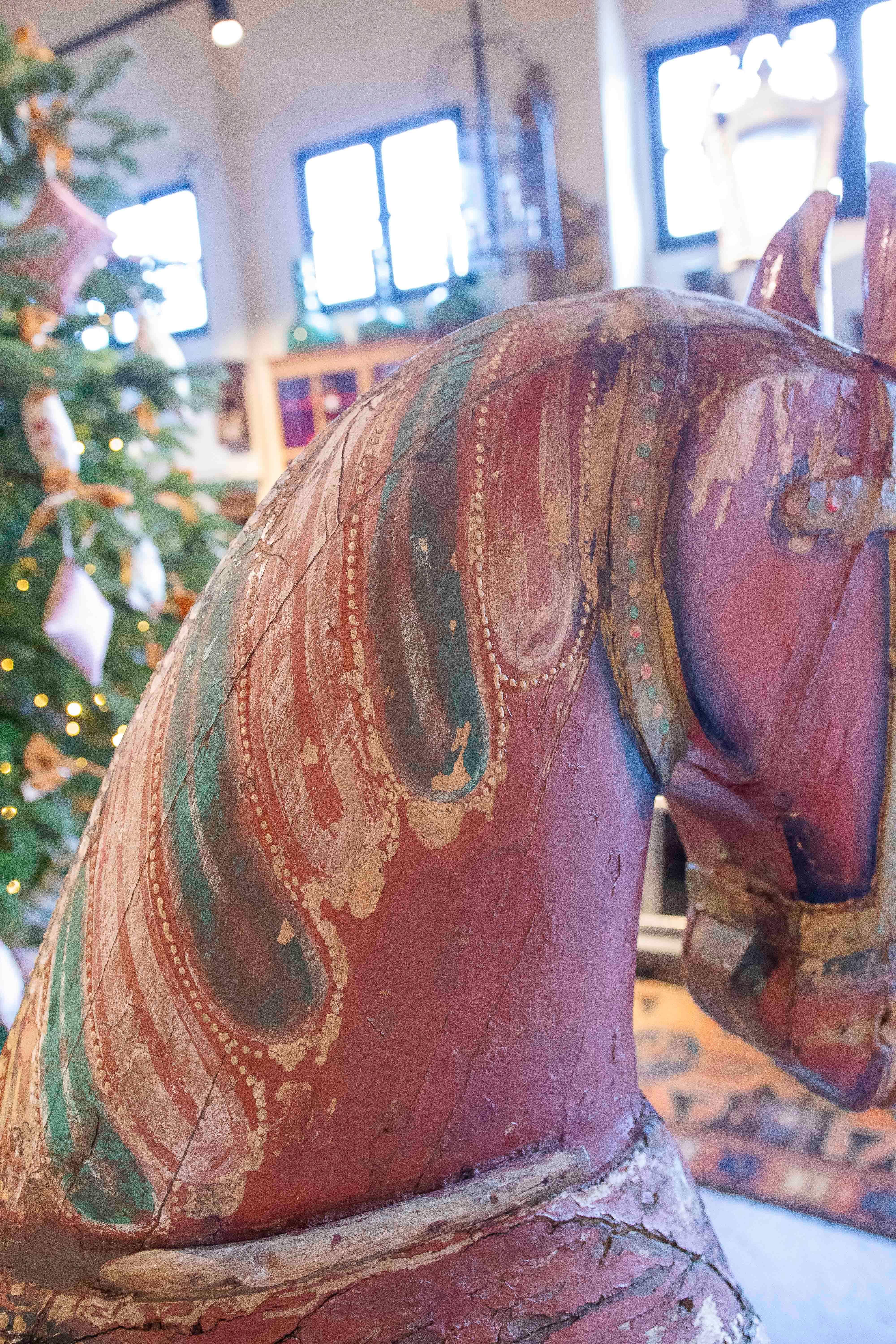 1930s Pair of Antique Painted Wooden Horses with Ornamental Details and Wheels 4
