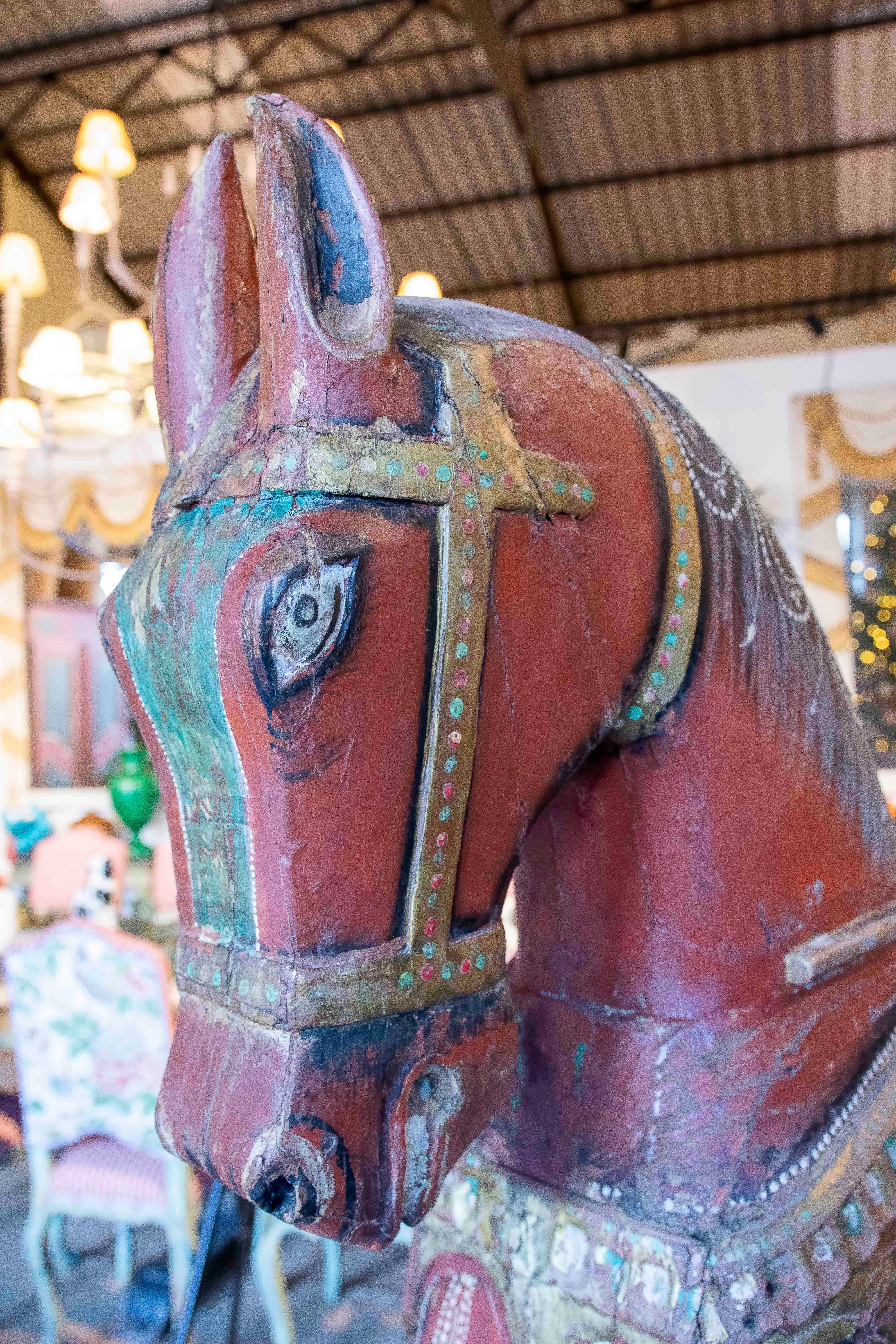 1930s Pair of Antique Painted Wooden Horses with Ornamental Details and Wheels 7