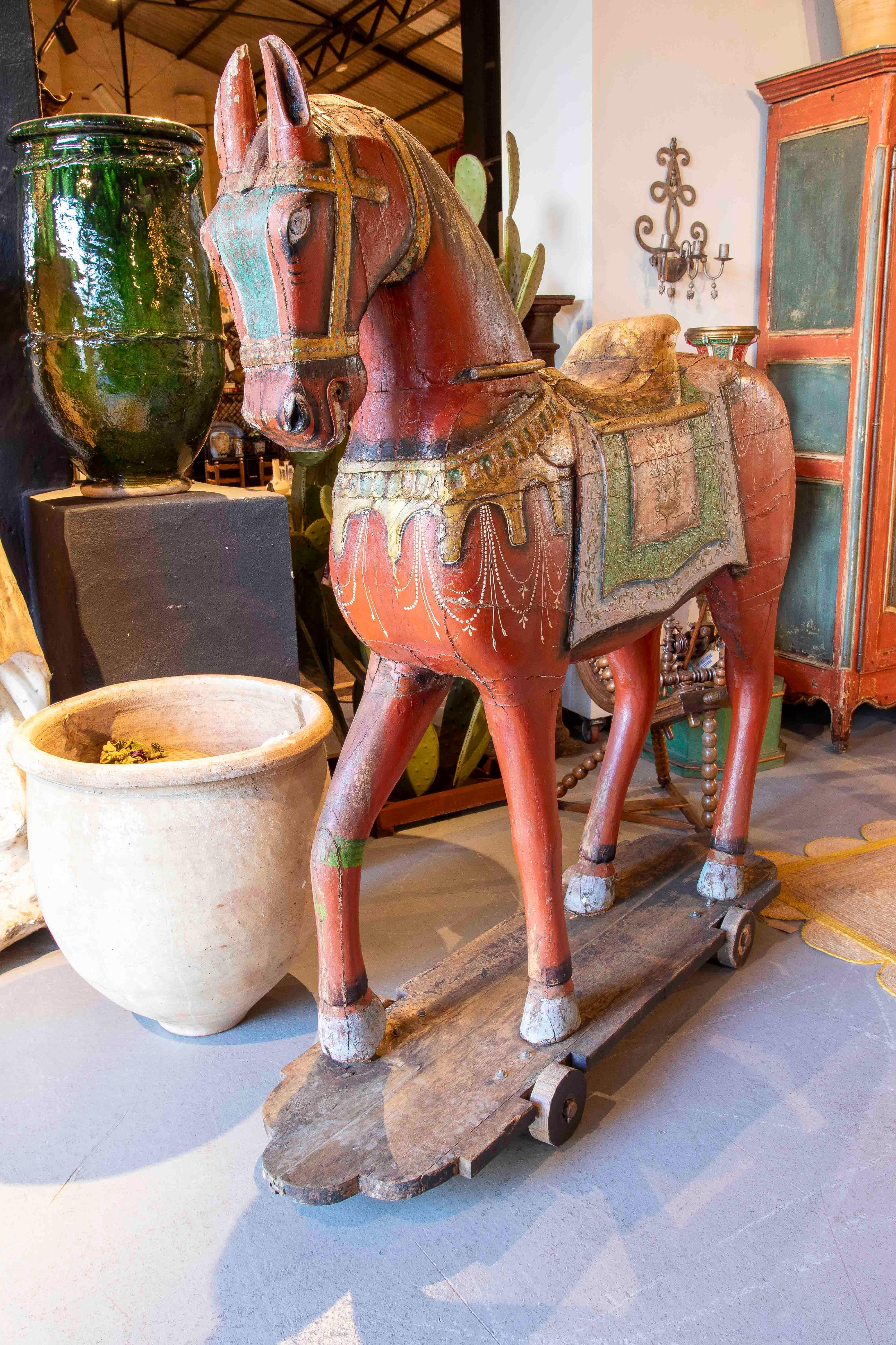 1930s Pair of Antique Painted Wooden Horses with Ornamental Details and Wheels 12