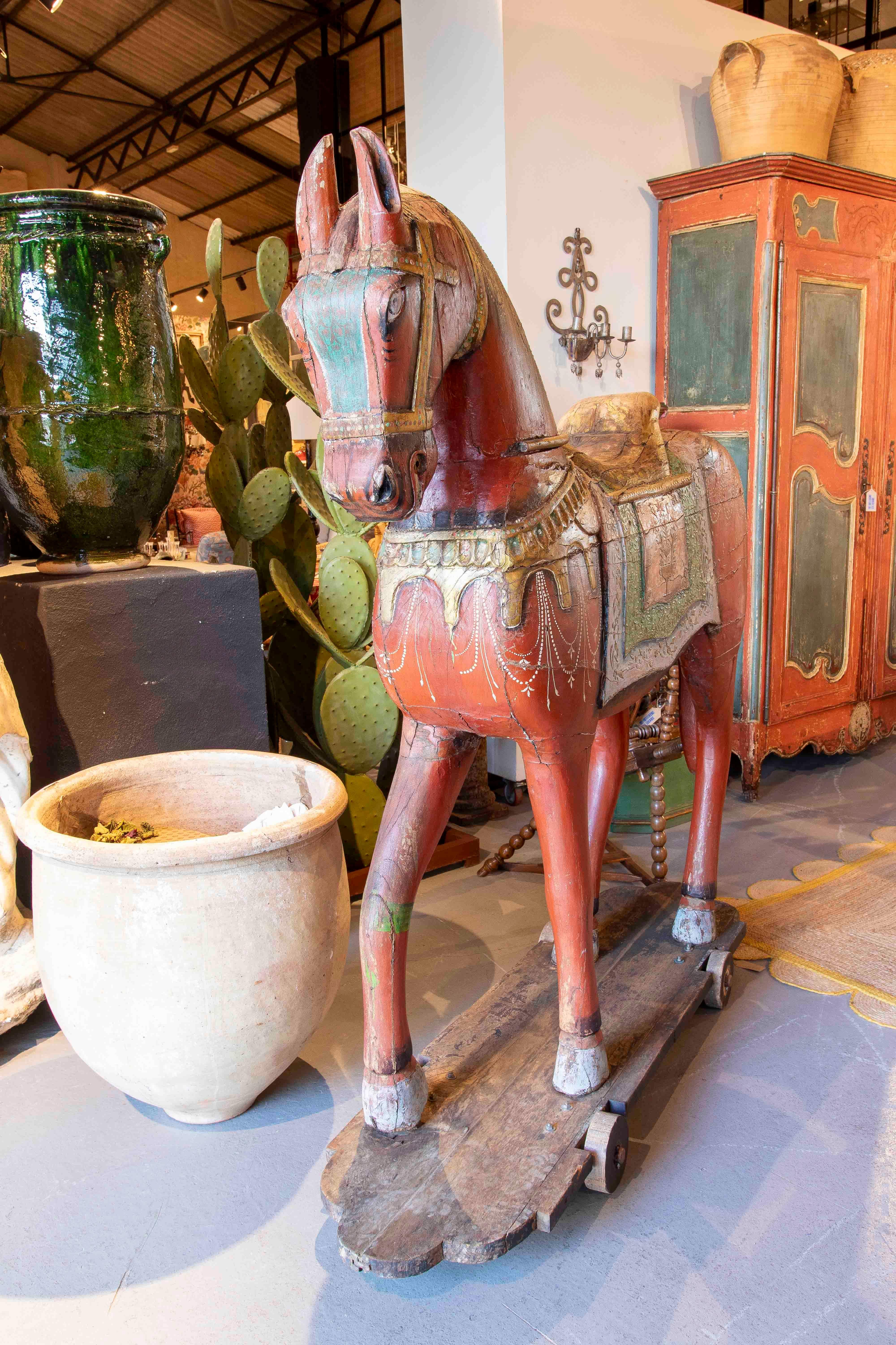 1930s Pair of Antique Painted Wooden Horses with Ornamental Details and Wheels 13