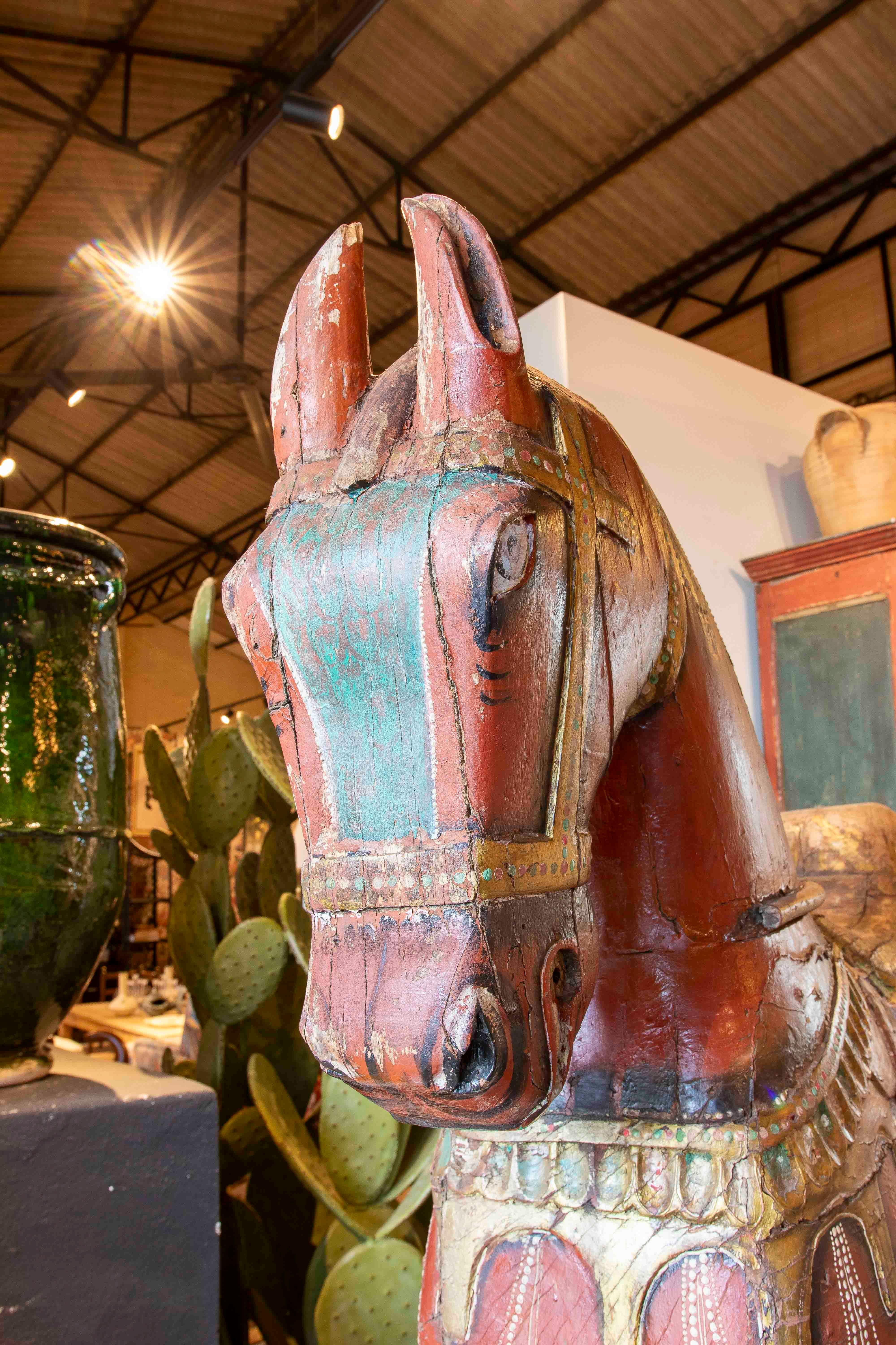 1930s Pair of Antique Painted Wooden Horses with Ornamental Details and Wheels 14