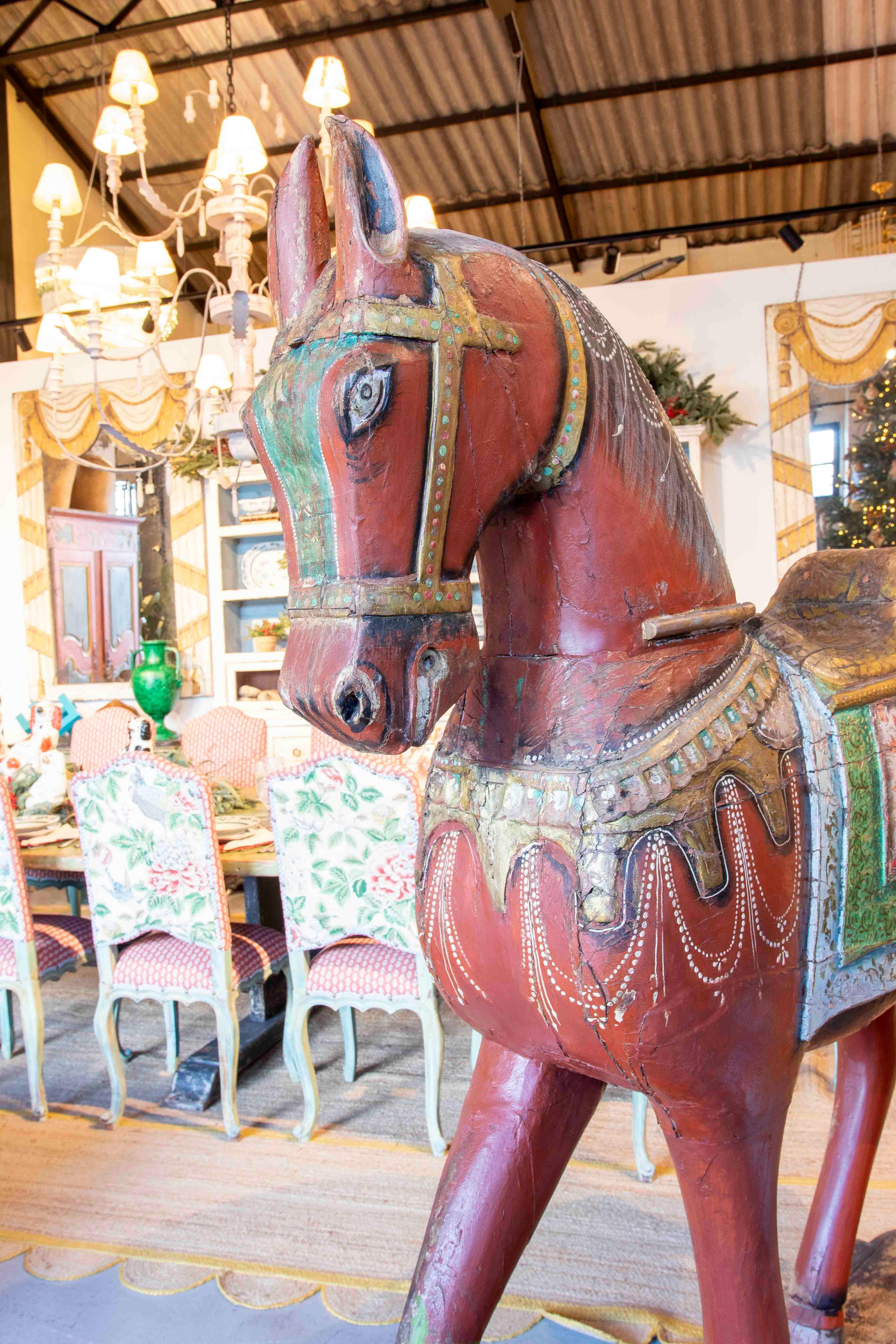 Indian 1930s Pair of Antique Painted Wooden Horses with Ornamental Details and Wheels