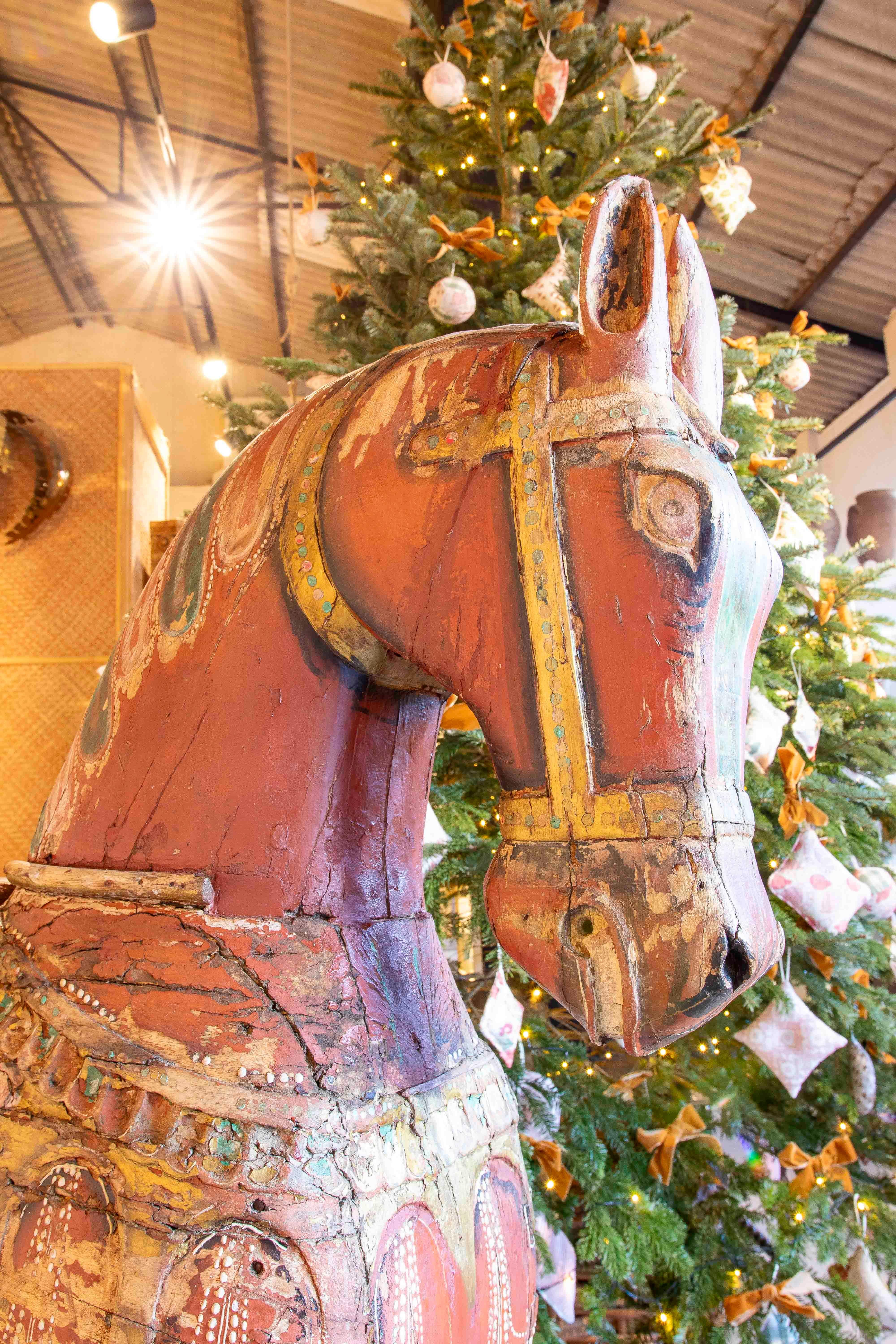 Hand-Carved 1930s Pair of Antique Painted Wooden Horses with Ornamental Details and Wheels