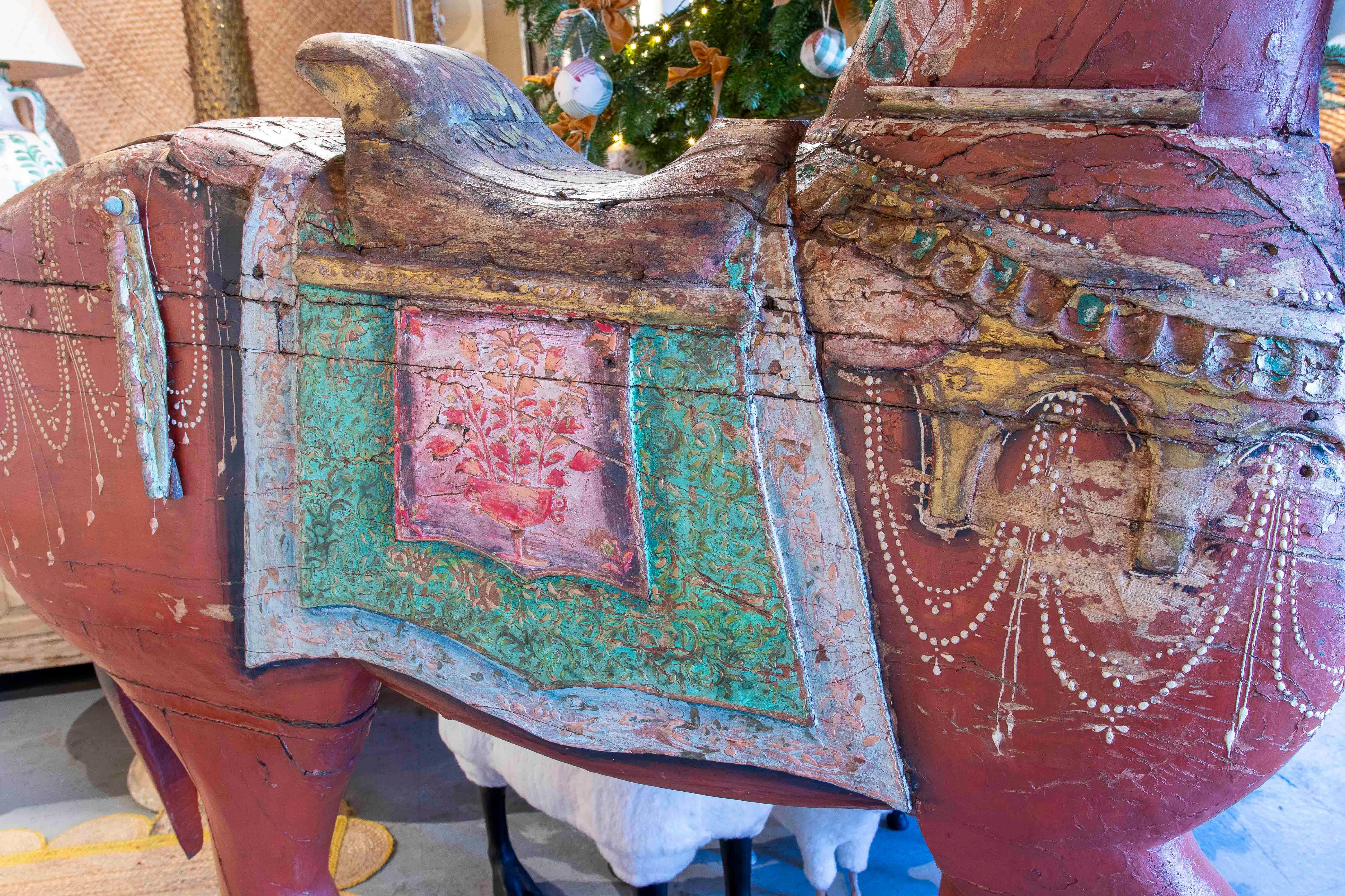 20th Century 1930s Pair of Antique Painted Wooden Horses with Ornamental Details and Wheels