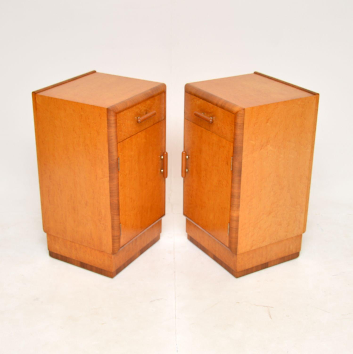 British 1930's Pair of Art Deco Birdseye Maple & Walnut Bedside Cabinets
