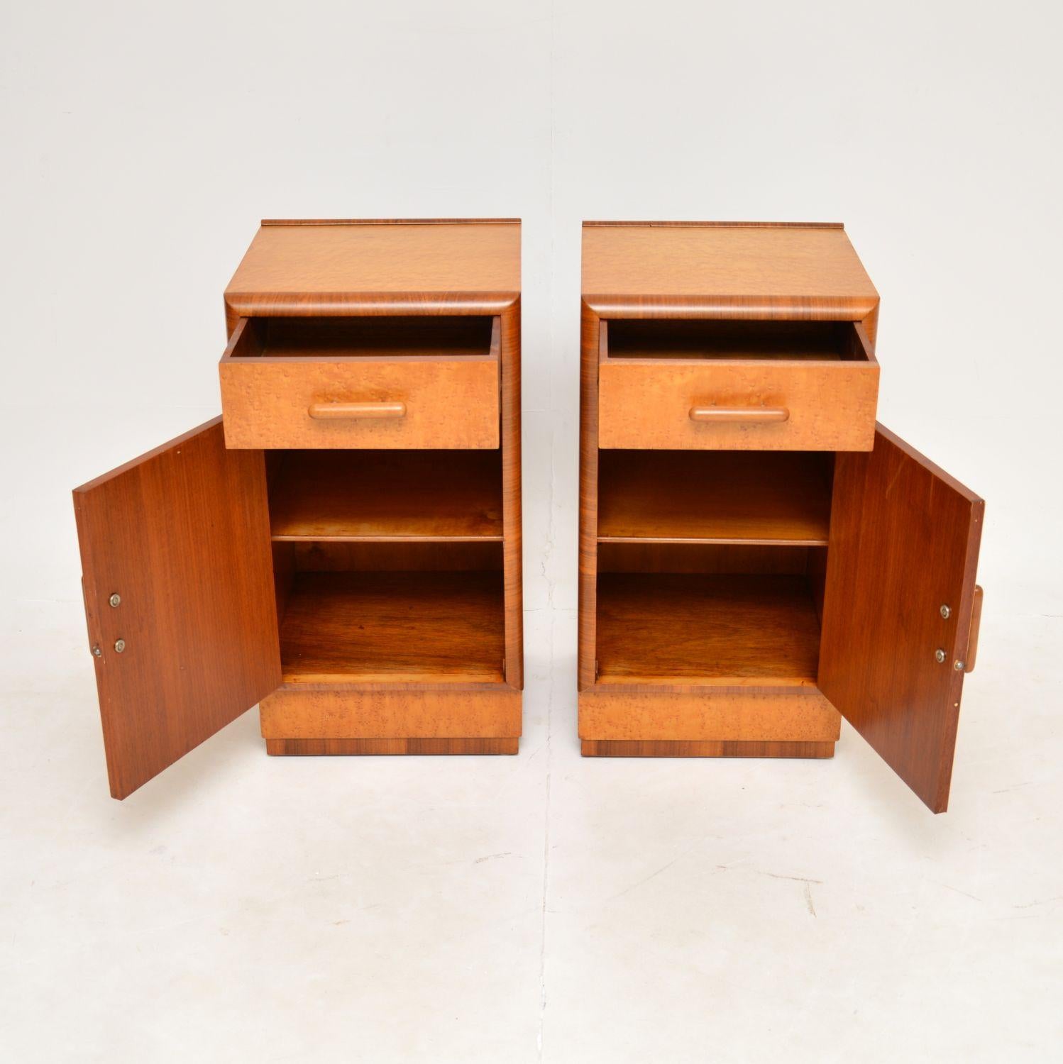 Mid-20th Century 1930's Pair of Art Deco Birdseye Maple & Walnut Bedside Cabinets