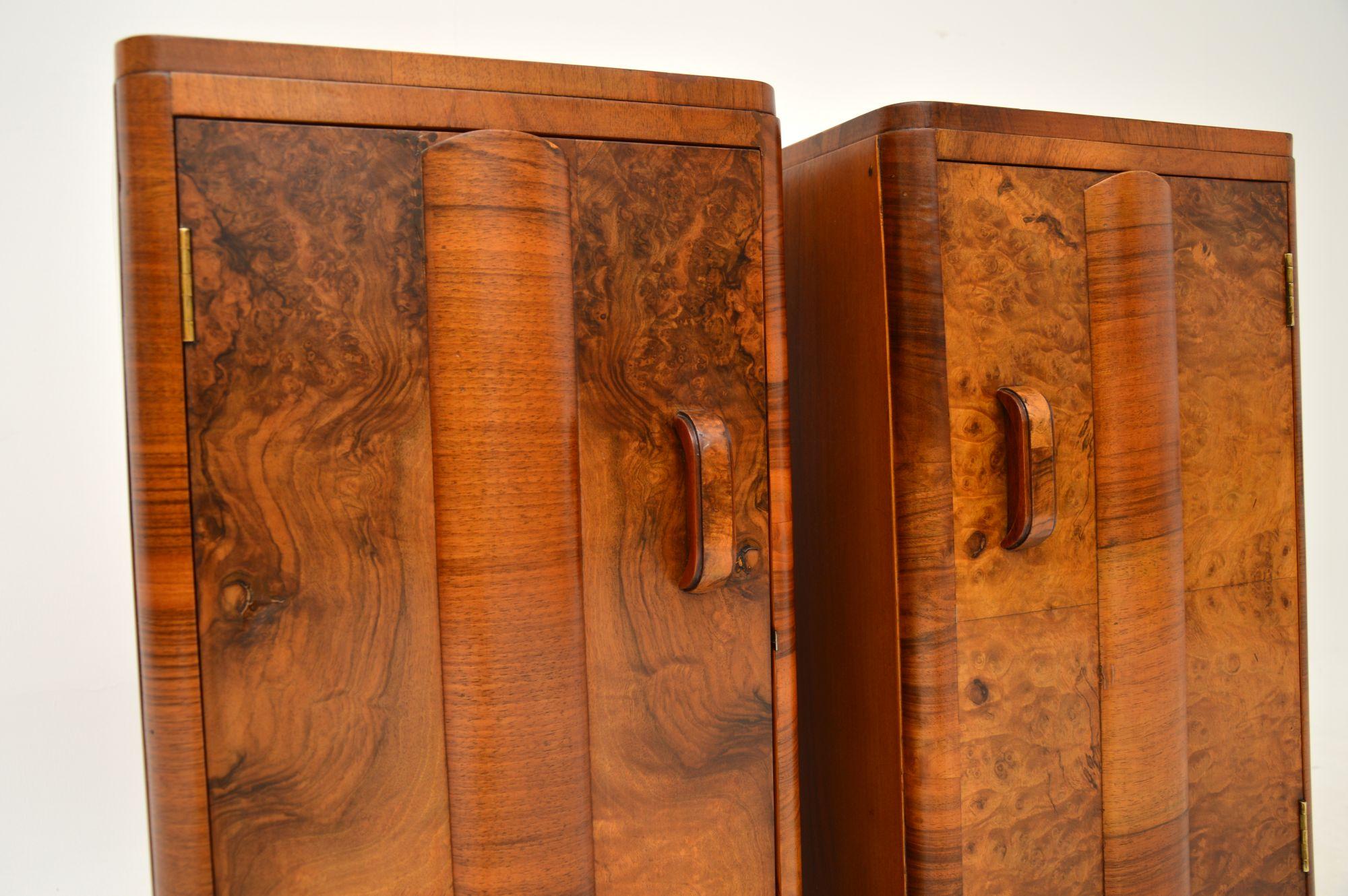 English 1930's Pair of Art Deco Burr Walnut Bedside Cabinets