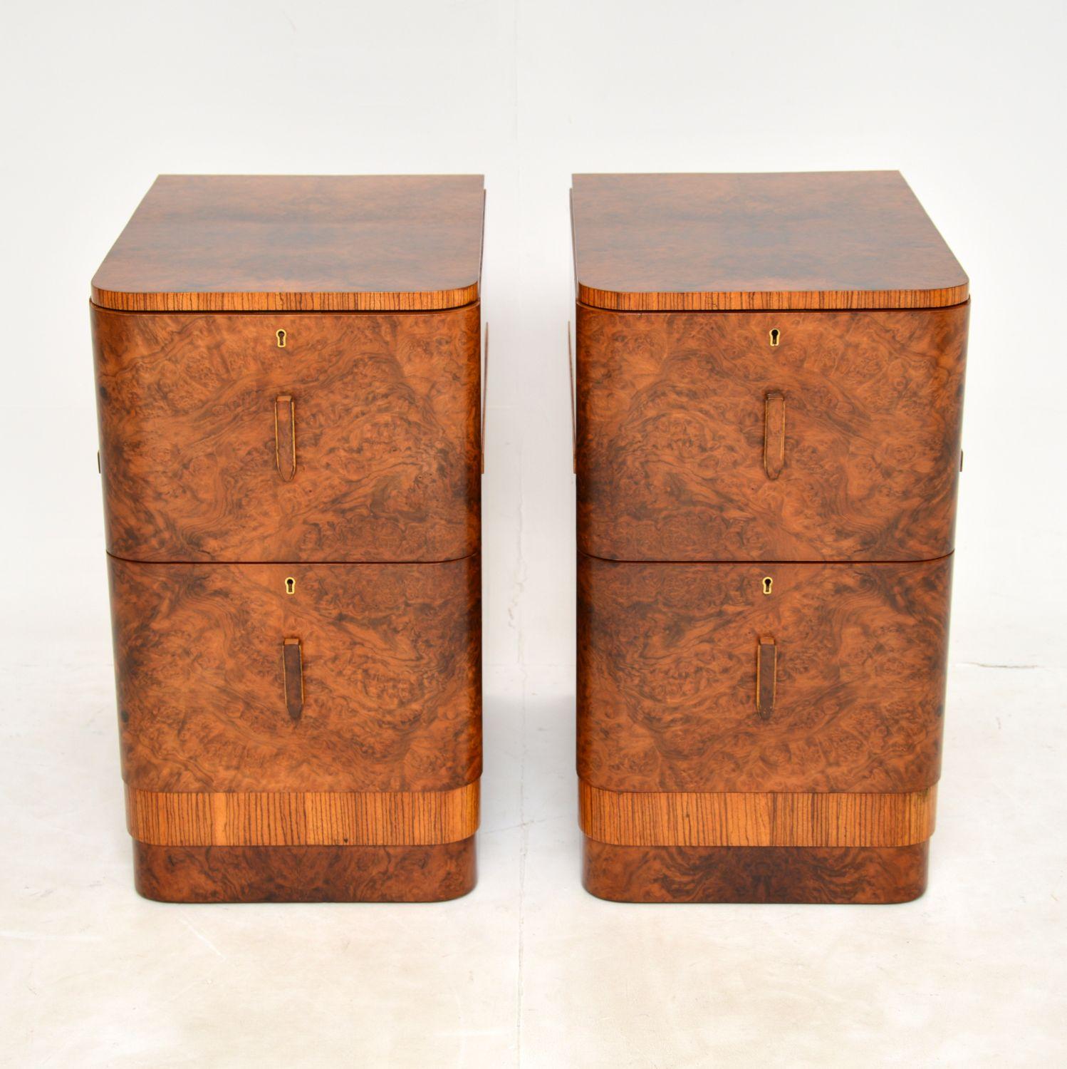 English 1930's Pair of Art Deco Burr Walnut Bedside Chests