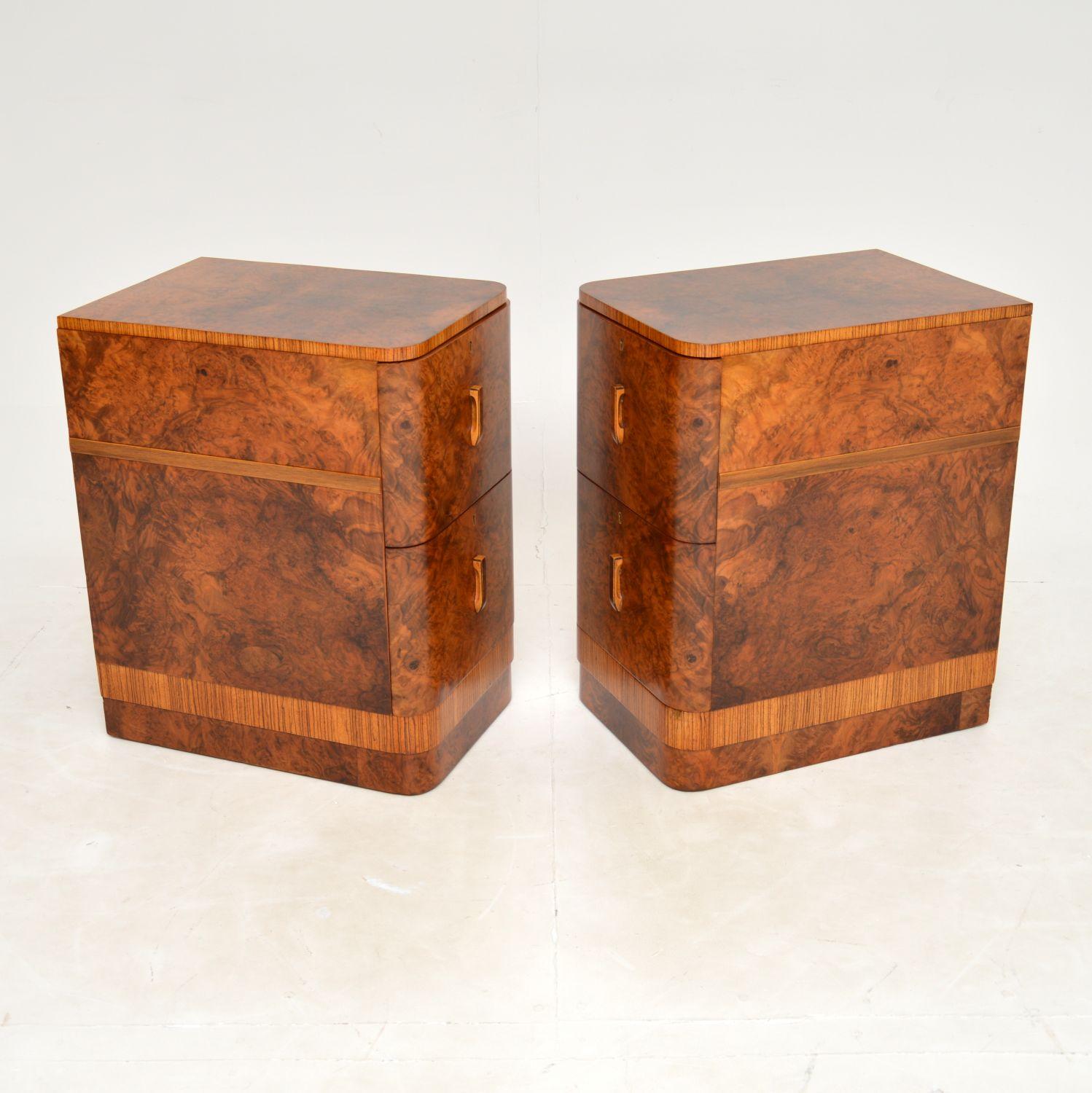 20th Century 1930's Pair of Art Deco Burr Walnut Bedside Chests