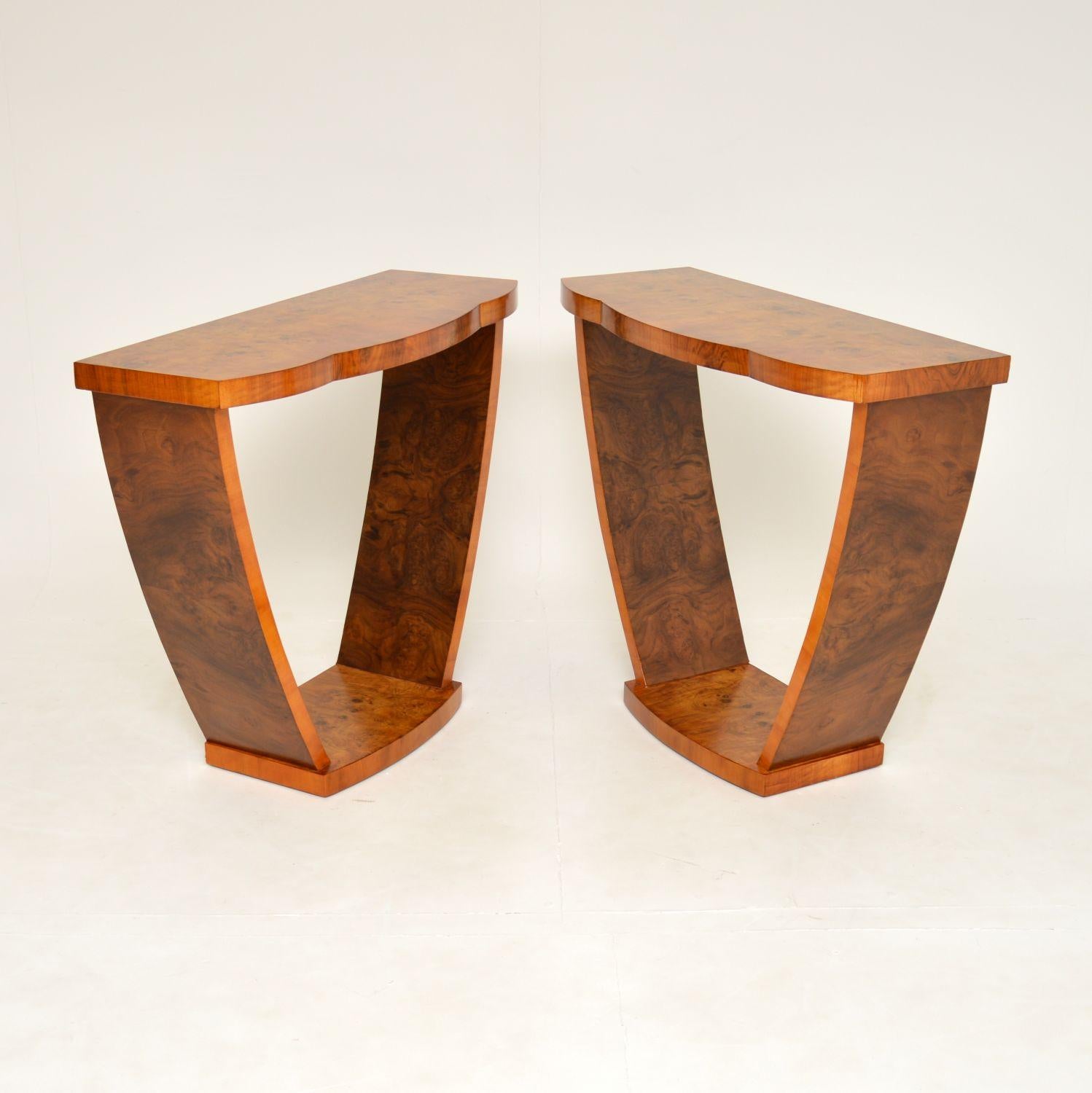 English 1930's Pair of Art Deco Burr Walnut Console Tables