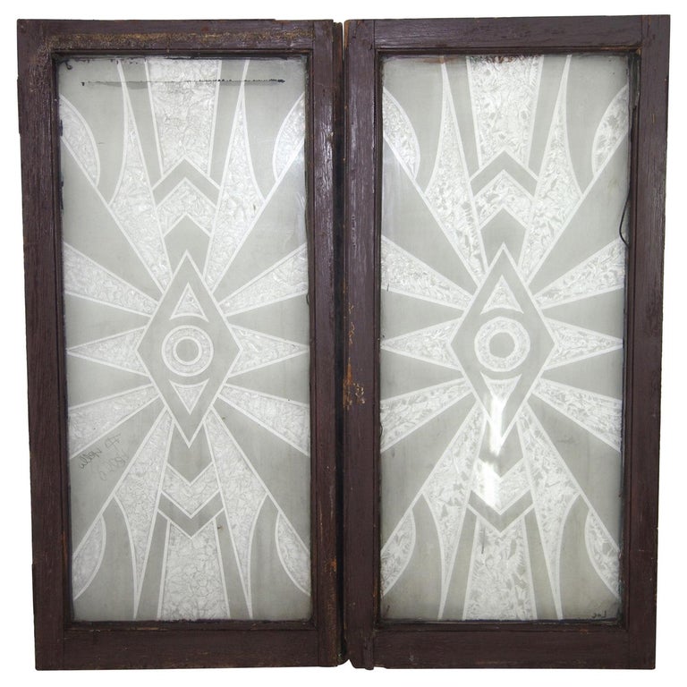 1930s Pair of Art Deco Decorative Patterned Textured Glass Windows For ... - Antique Textured Glass Windows