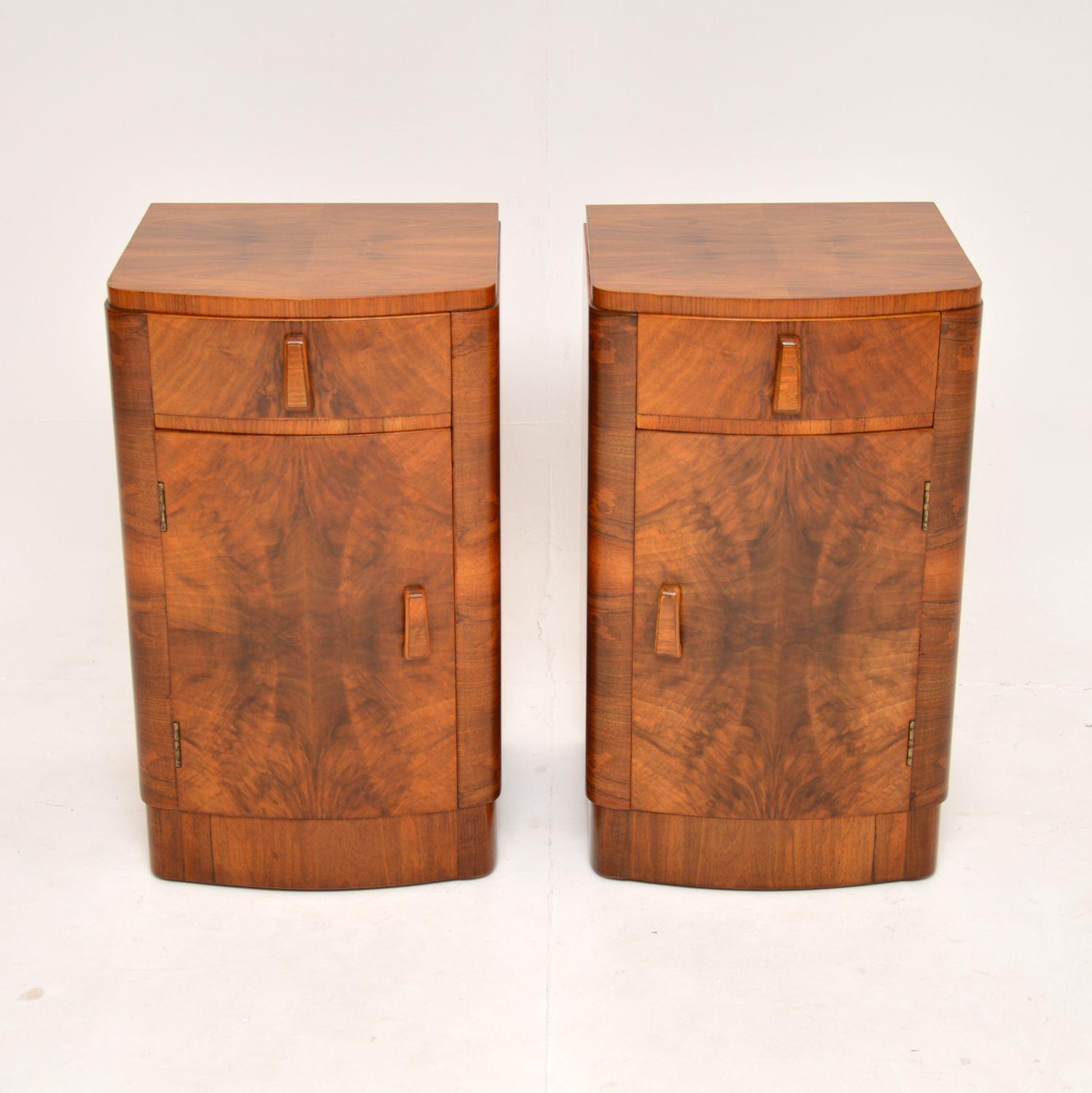 English 1930's Pair of Art Deco Figured Walnut Bedside Cabinets