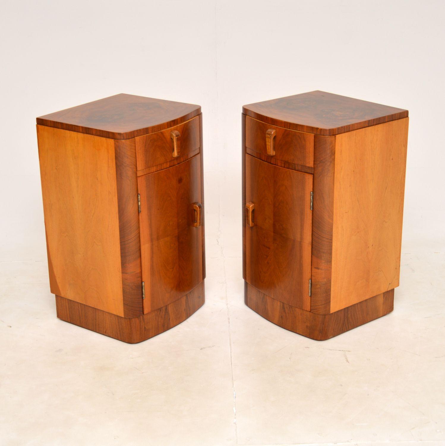 British 1930s Pair of Art Deco Figured Walnut Bedside Cabinets