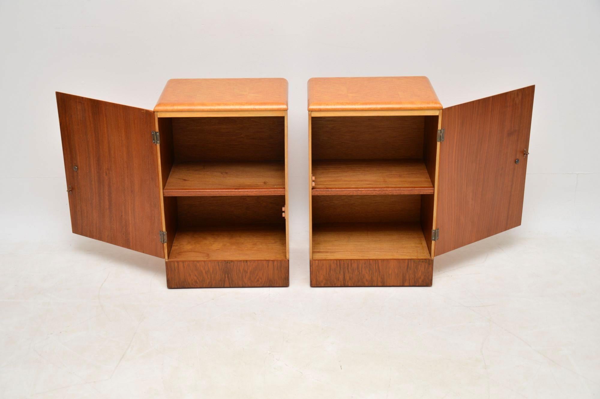 European 1930s Pair of Art Deco Maple and Walnut Bedside Cabinets