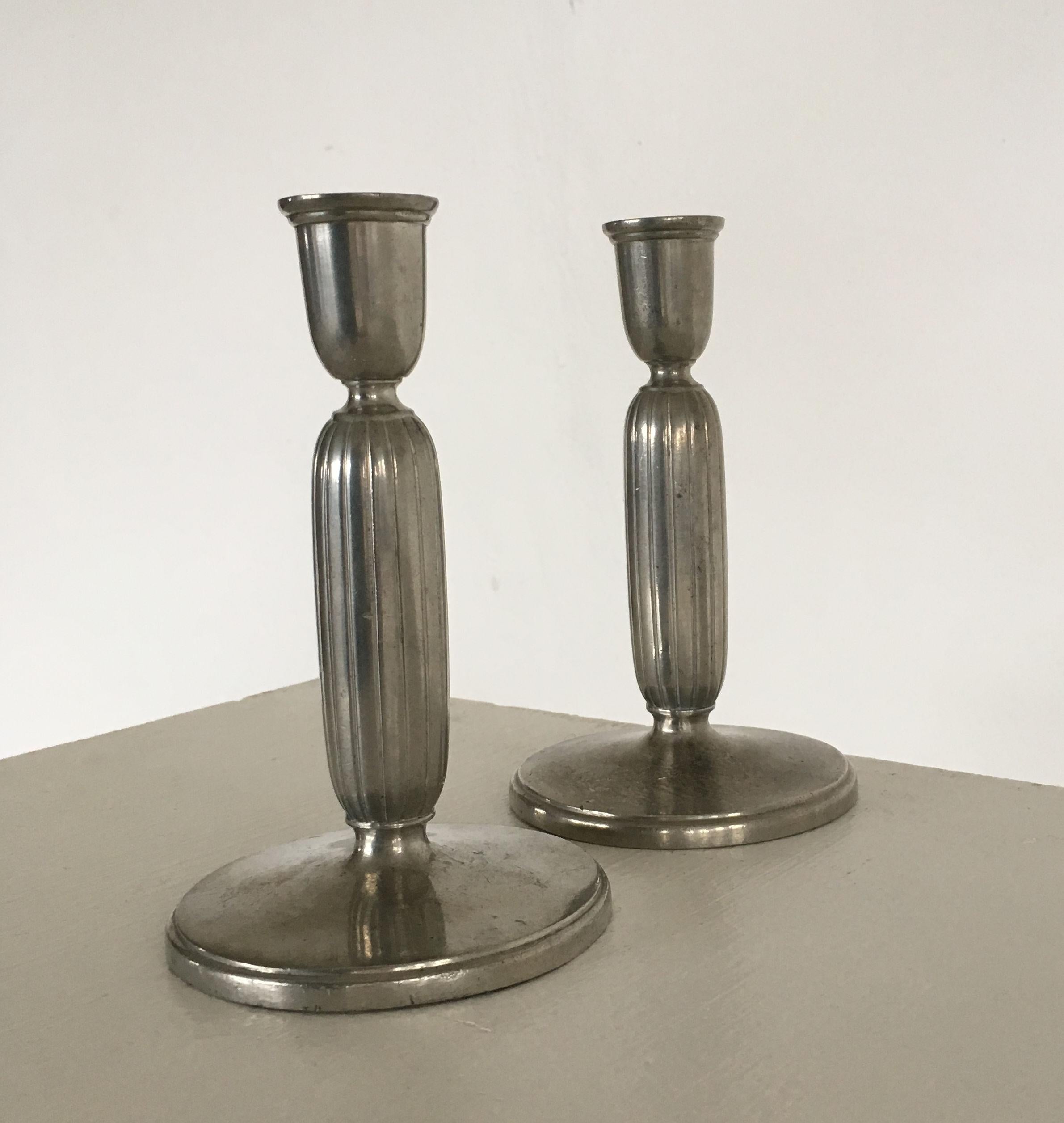 Danish 1930s Pair of Art Deco Pewter Candlesticks by Just Andersen For Sale