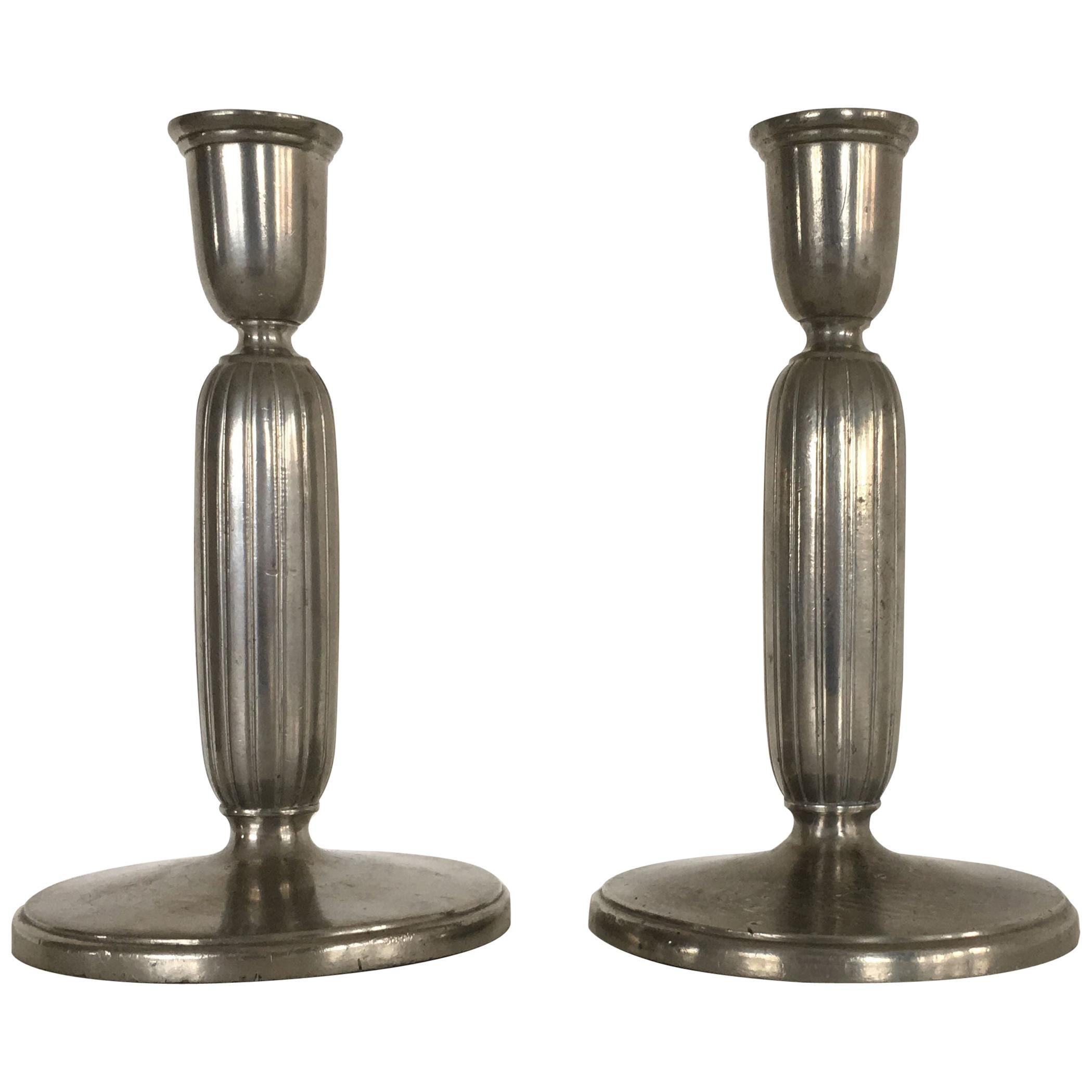 1930s Pair of Art Deco Pewter Candlesticks by Just Andersen