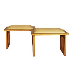 Paire de tabourets Art Déco des années 1930 en érable, orme et cuir - Italie