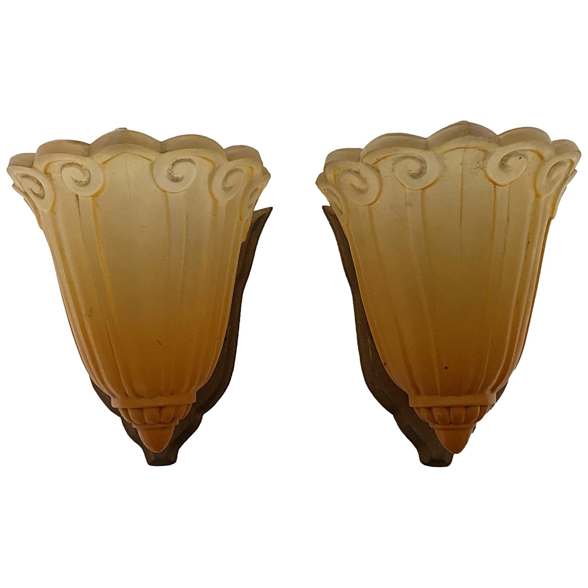 Pair of Aluminum Art Deco Wall Sconces w/ White Glass Inserts For Sale