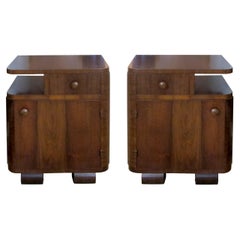 1930s Pair of Art Deco Walnut Veneers Bedside Table/Nightstands,  French 