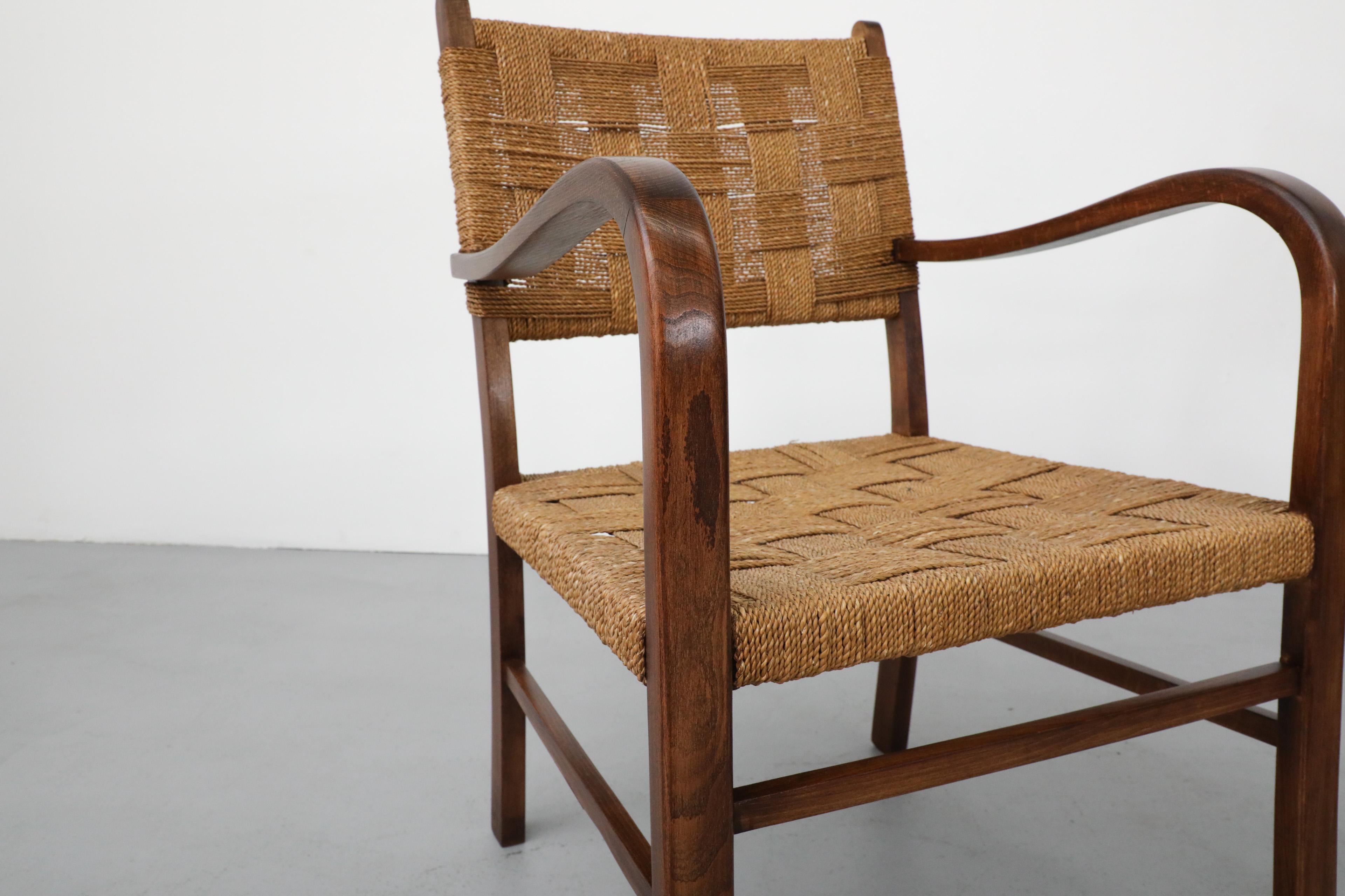 1930's Pair of Axel Larsson for SMF Bodafors Hand Woven Rope and Wood Armchairs 3