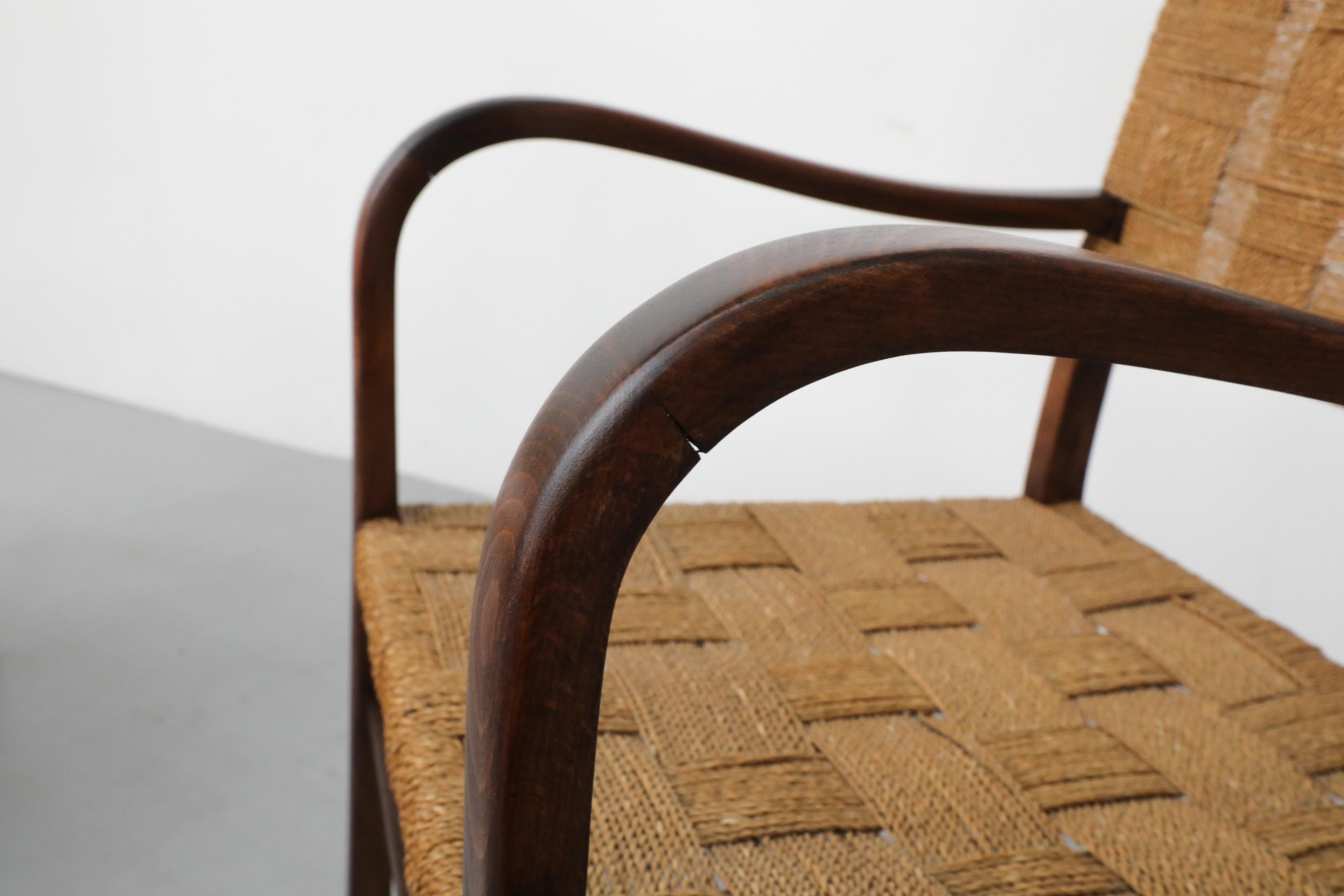 1930's Pair of Axel Larsson for SMF Bodafors Hand Woven Rope and Wood Armchairs 6