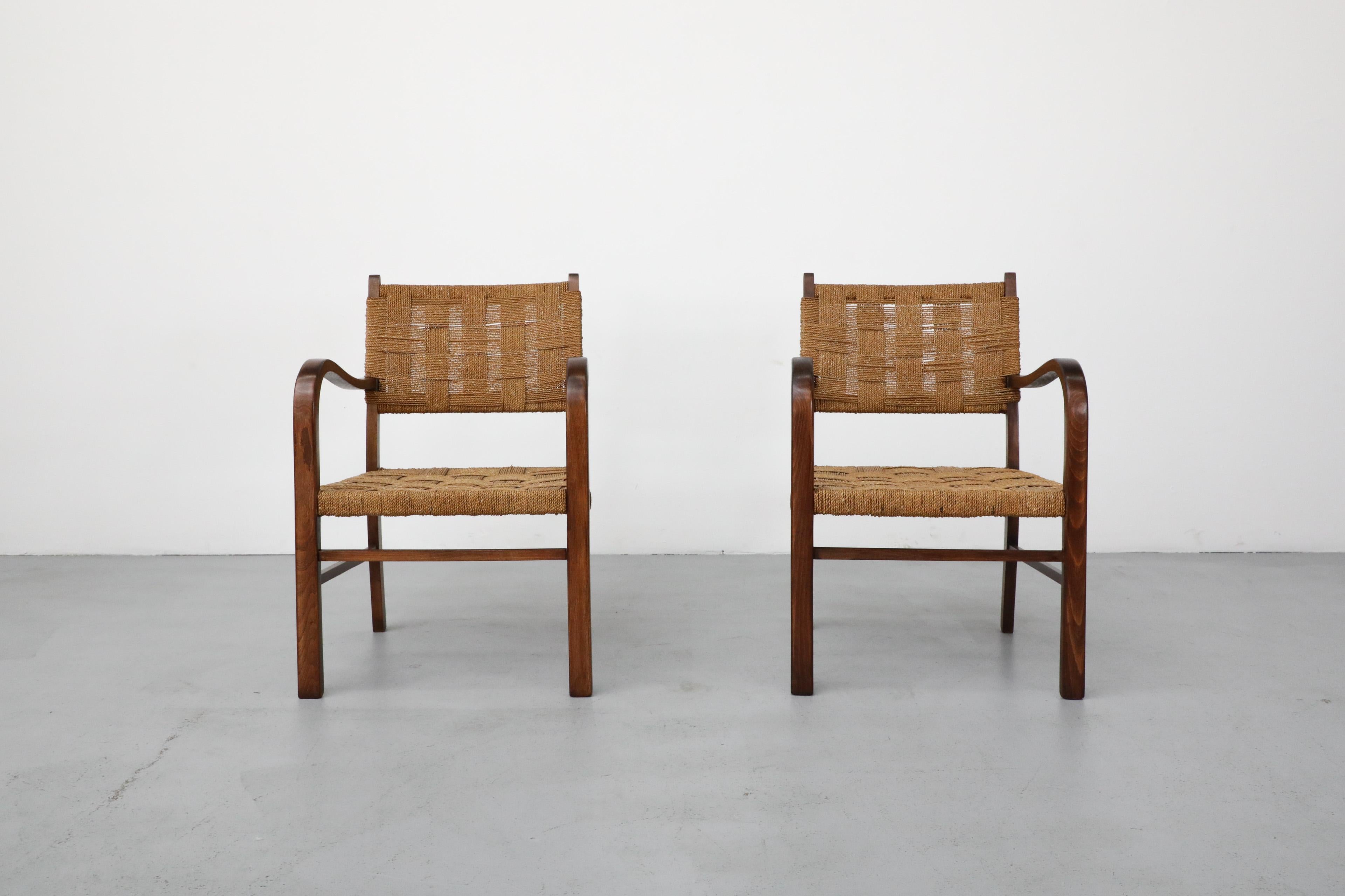 Mid-Century Modern 1930's Pair of Axel Larsson for SMF Bodafors Hand Woven Rope and Wood Armchairs