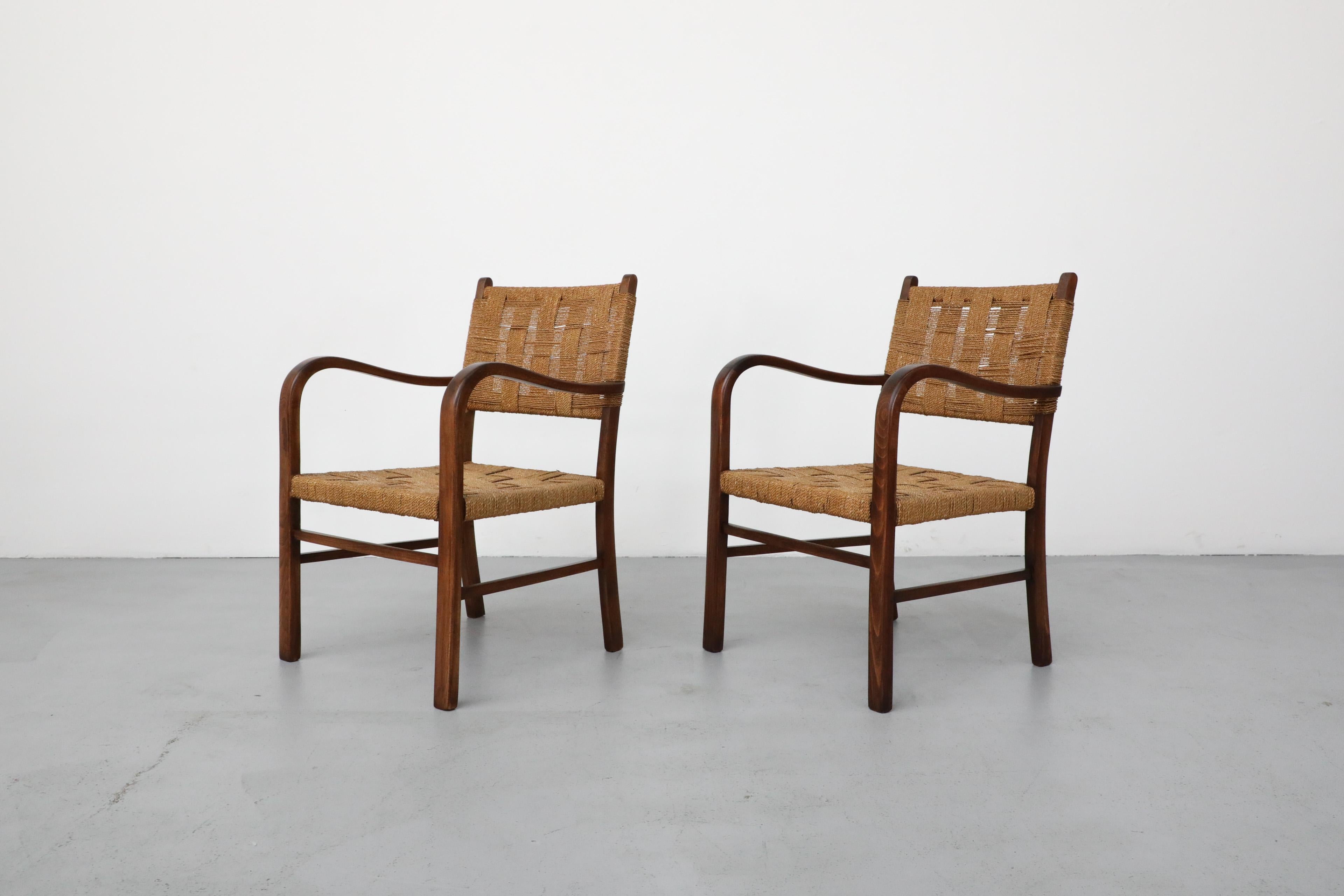 Swedish 1930's Pair of Axel Larsson for SMF Bodafors Hand Woven Rope and Wood Armchairs