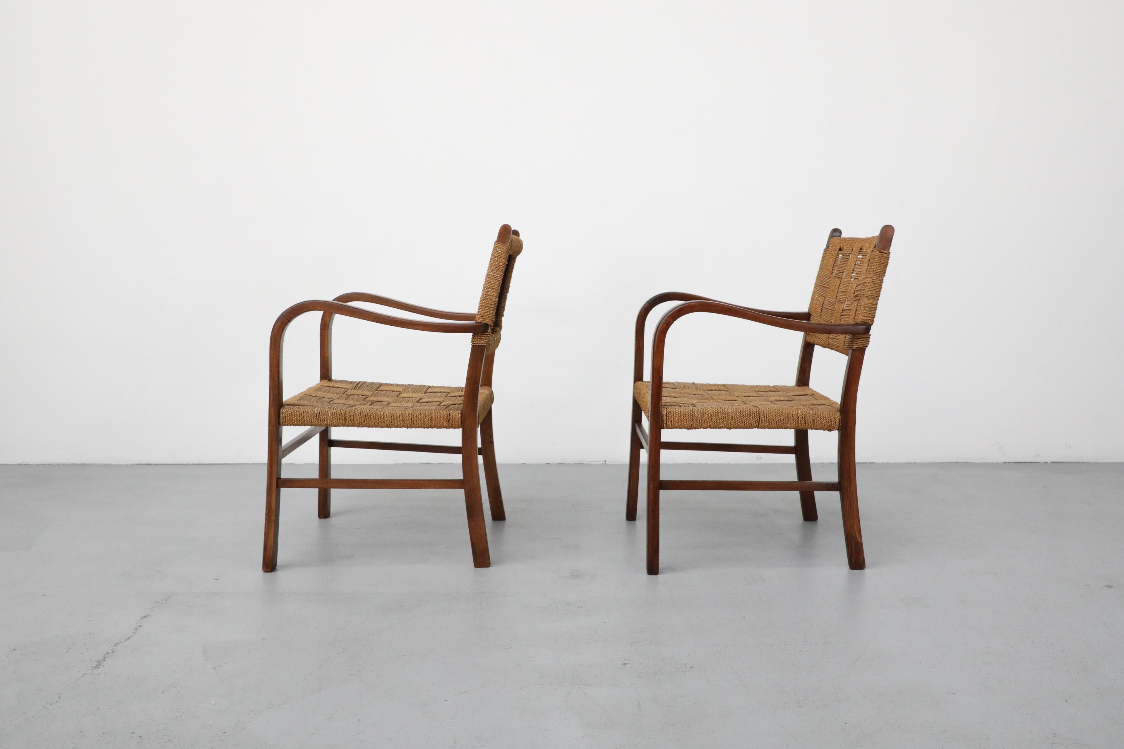 Hand-Woven 1930's Pair of Axel Larsson for SMF Bodafors Hand Woven Rope and Wood Armchairs