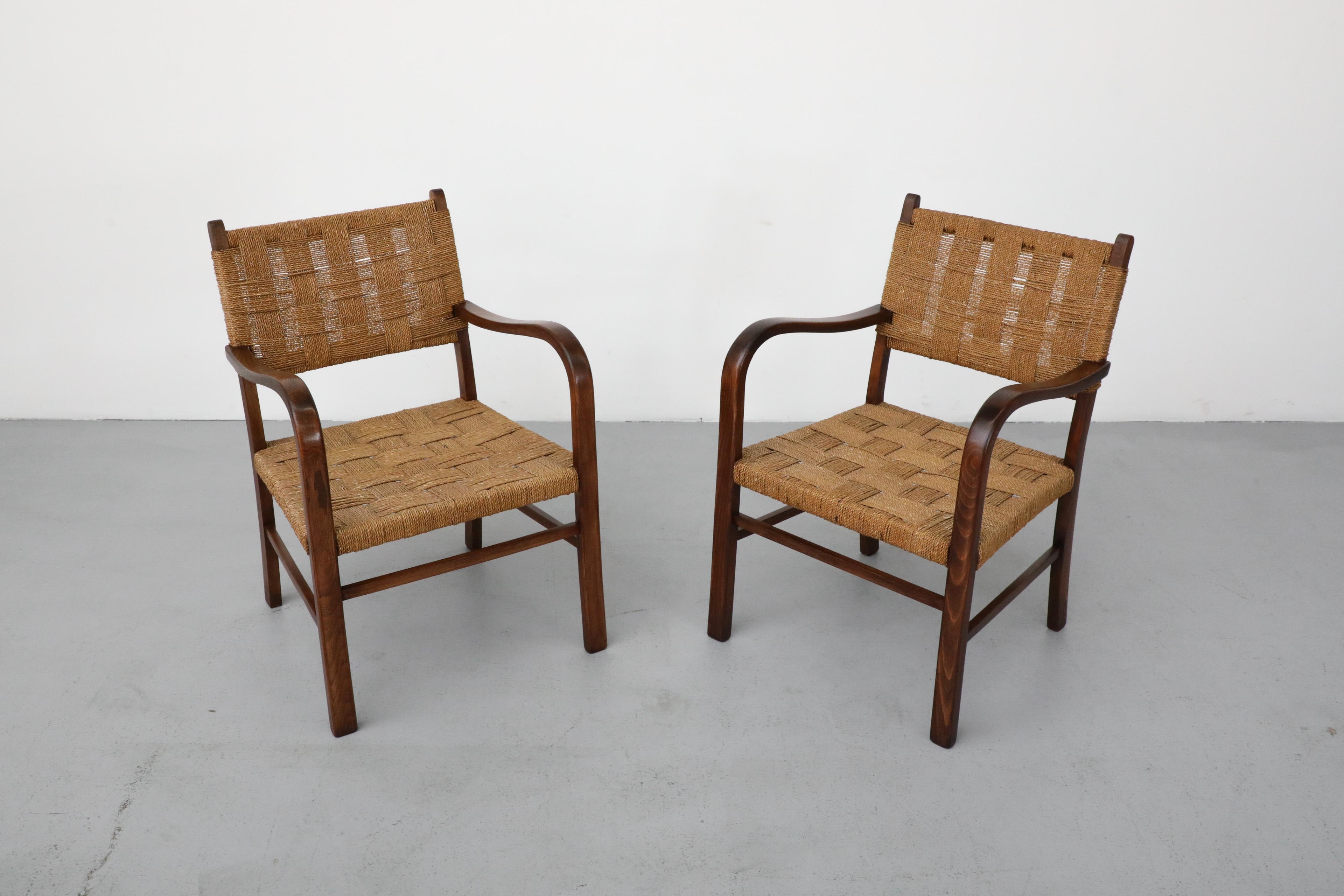 1930's Pair of Axel Larsson for SMF Bodafors Hand Woven Rope and Wood Armchairs 1