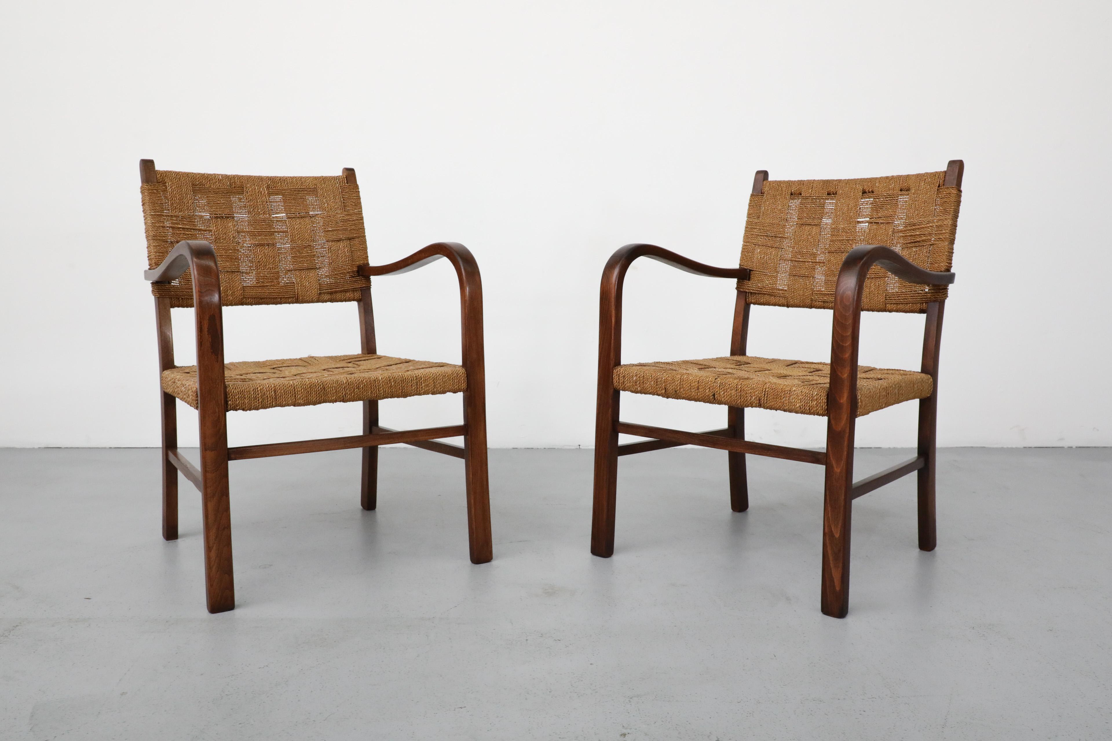 1930's Pair of Axel Larsson for SMF Bodafors Hand Woven Rope and Wood Armchairs 2