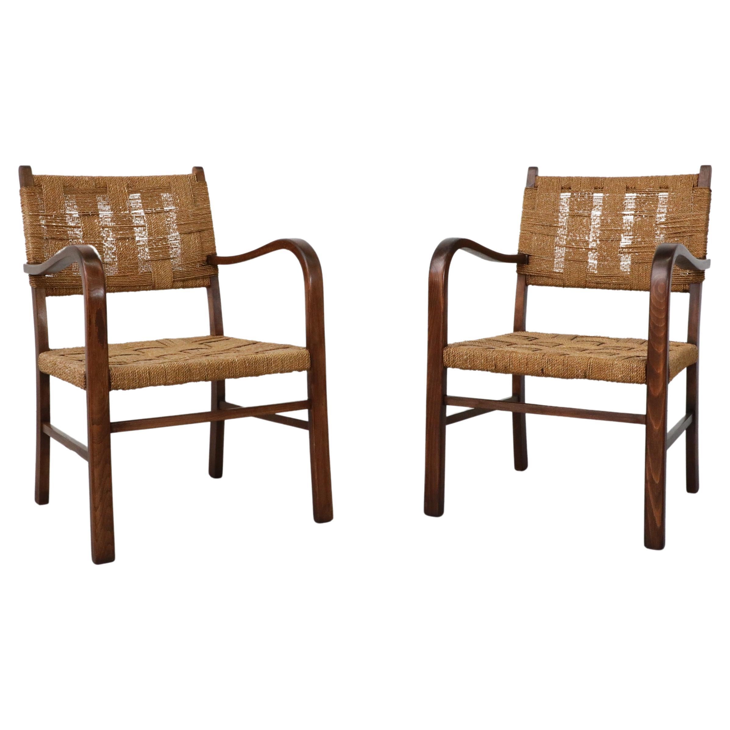 1930's Pair of Axel Larsson for SMF Bodafors Hand Woven Rope and Wood Armchairs