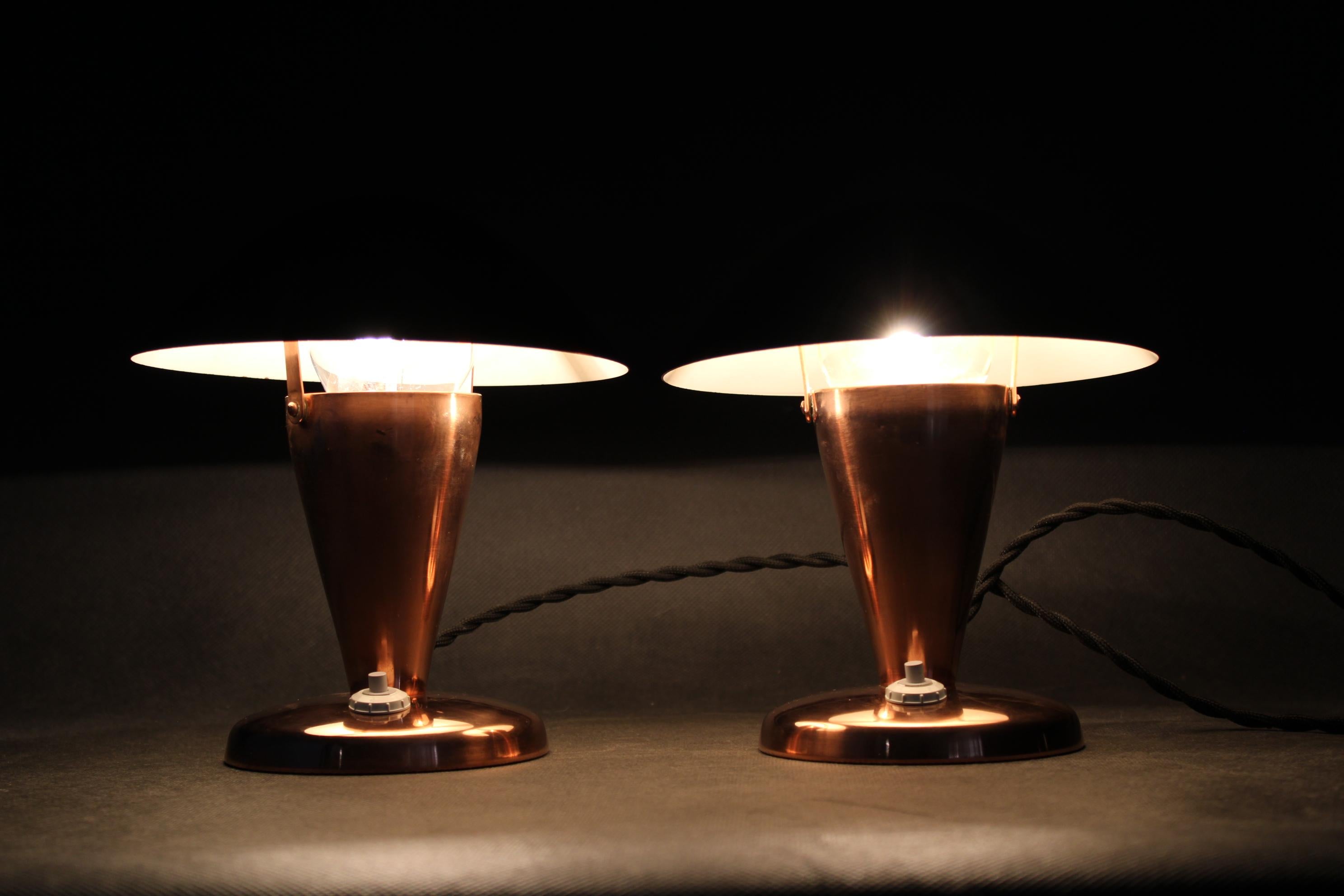 1930s Pair of Bauhaus Mushroom Table Lamps in Copper Finish, Czechoslovakia 6