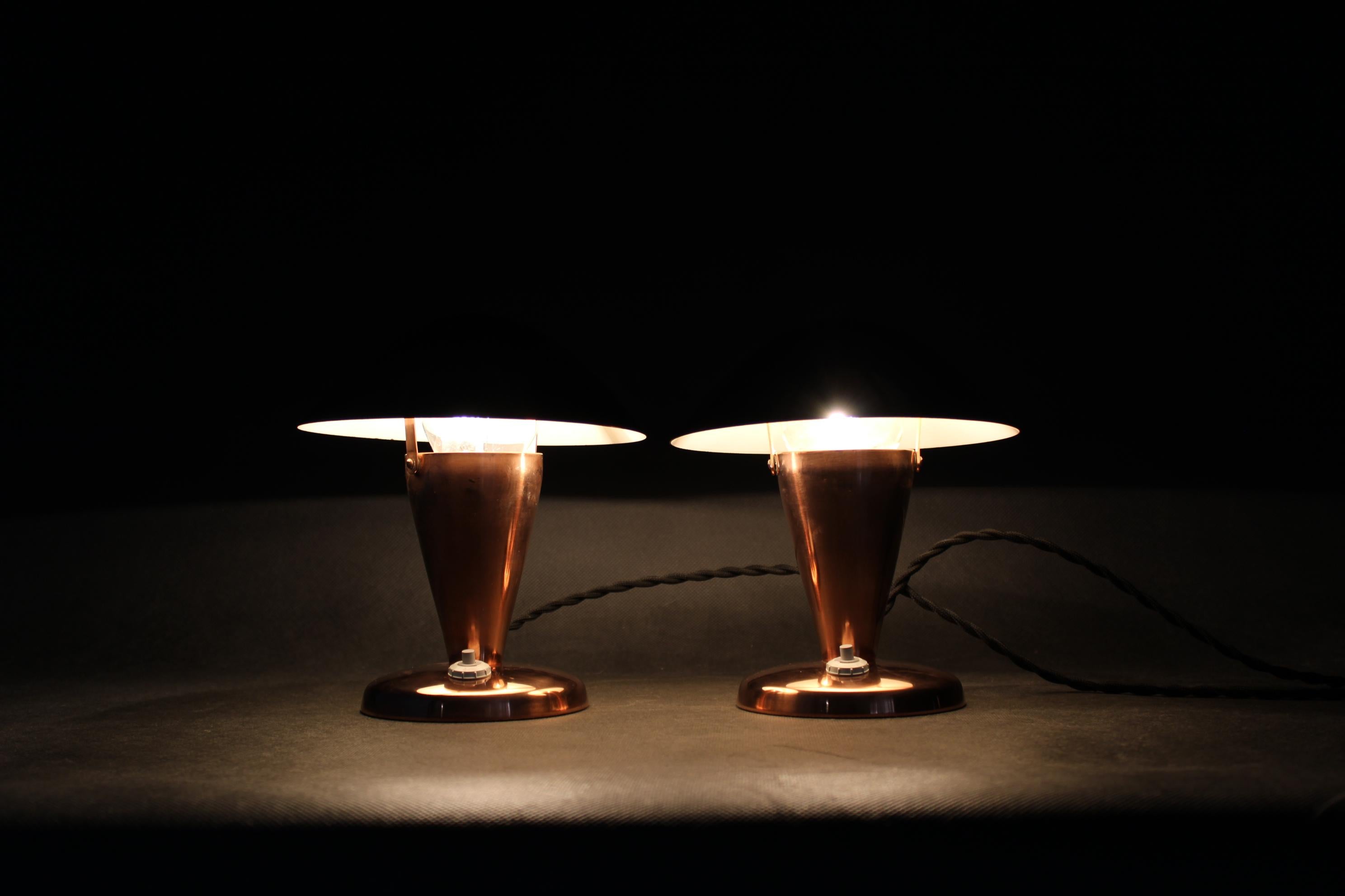 1930s Pair of Bauhaus Mushroom Table Lamps in Copper Finish, Czechoslovakia 7