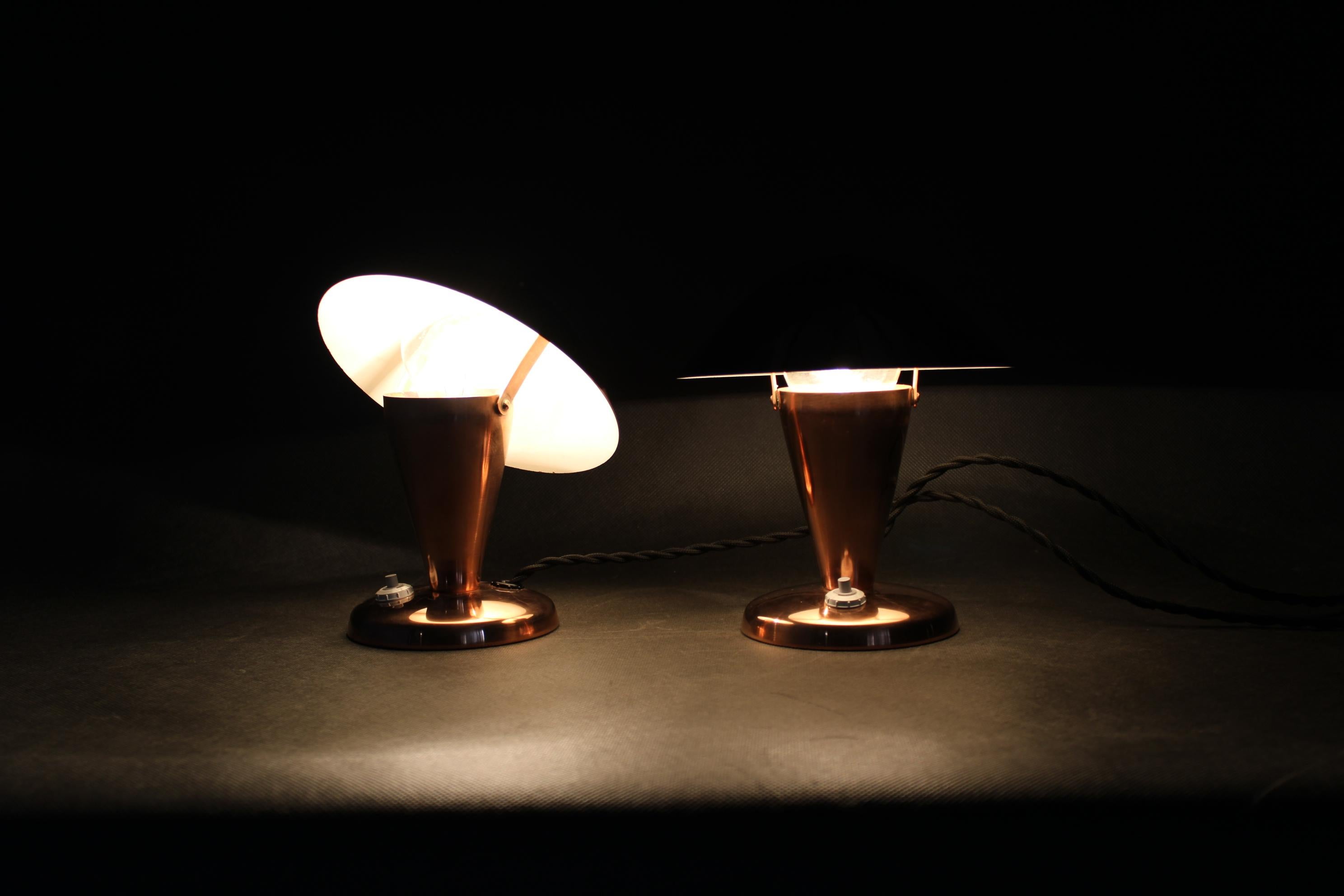 1930s Pair of Bauhaus Mushroom Table Lamps in Copper Finish, Czechoslovakia 8