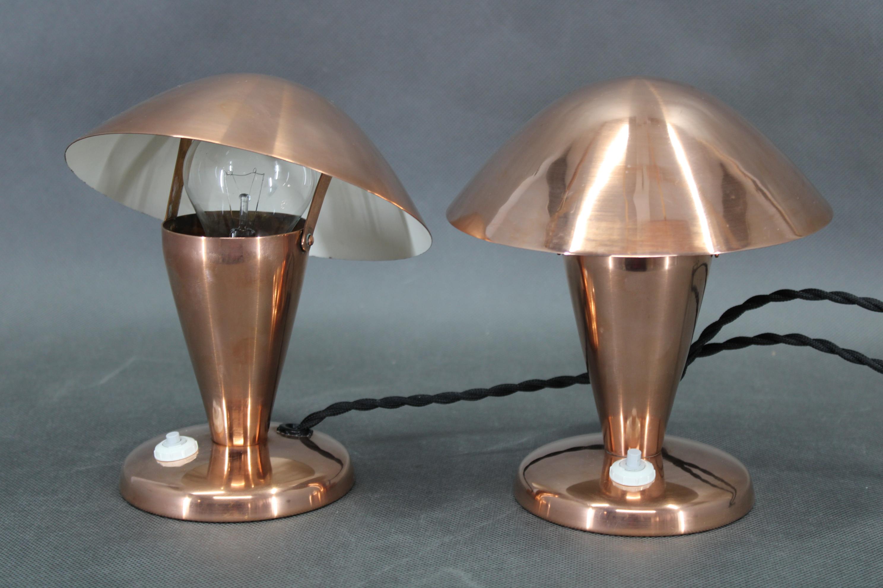 20th Century 1930s Pair of Bauhaus Mushroom Table Lamps in Copper Finish, Czechoslovakia