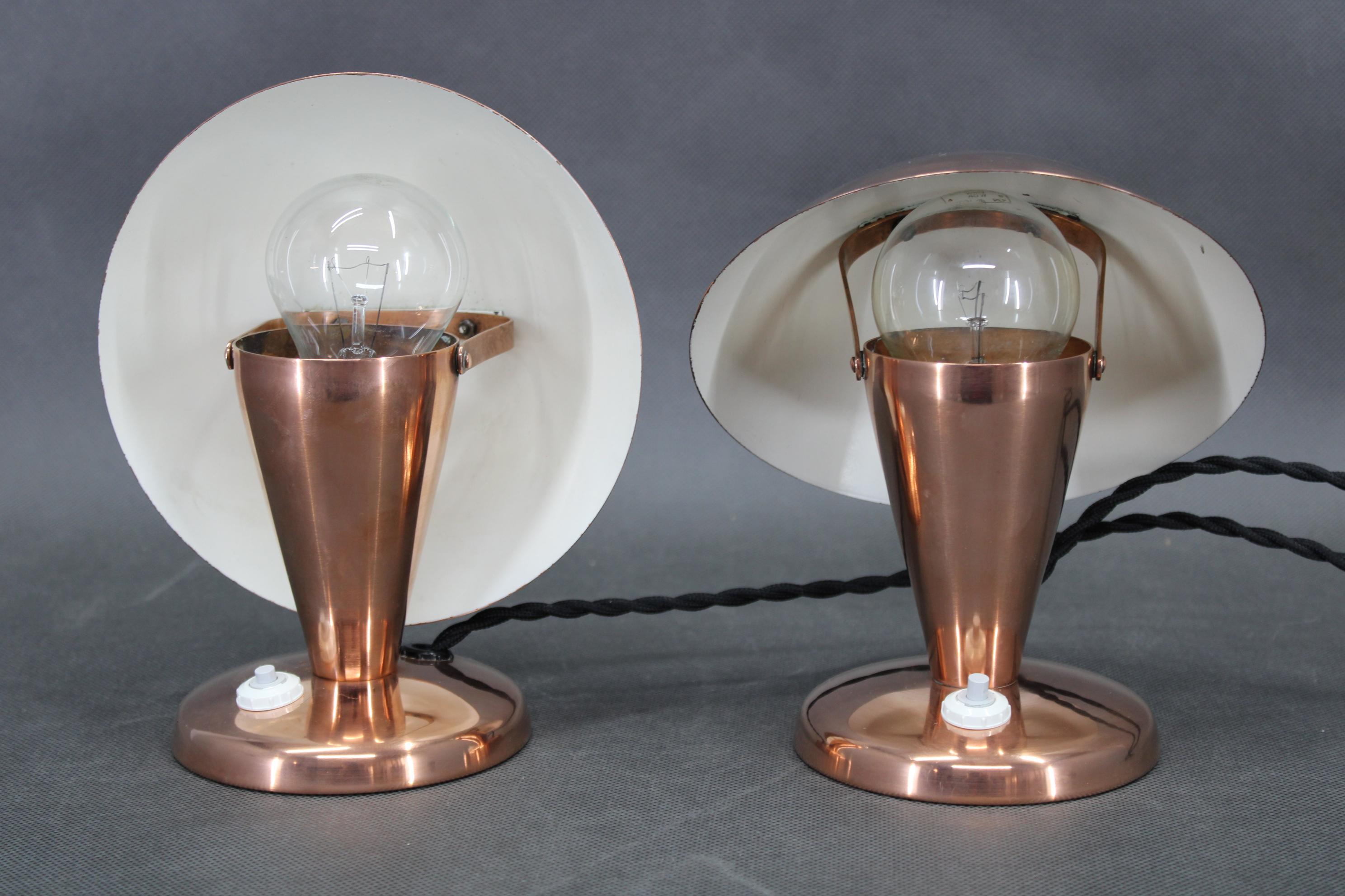 1930s Pair of Bauhaus Mushroom Table Lamps in Copper Finish, Czechoslovakia 1