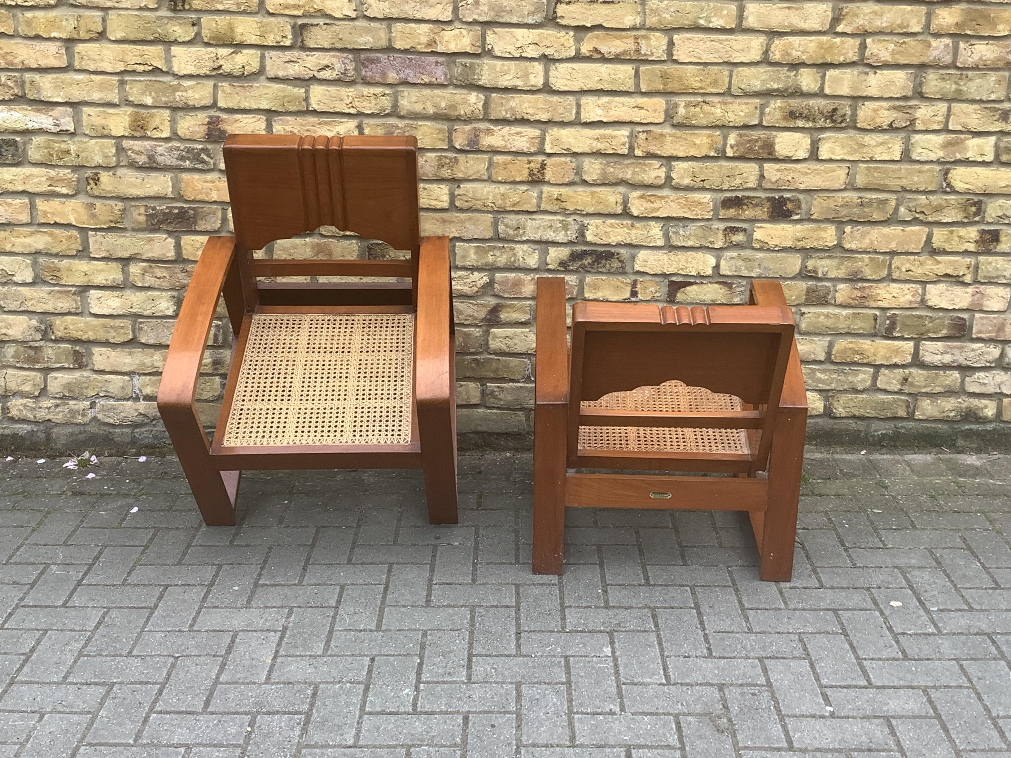 Indian 1930s Pair of Burmese Teak and Cane Armchairs