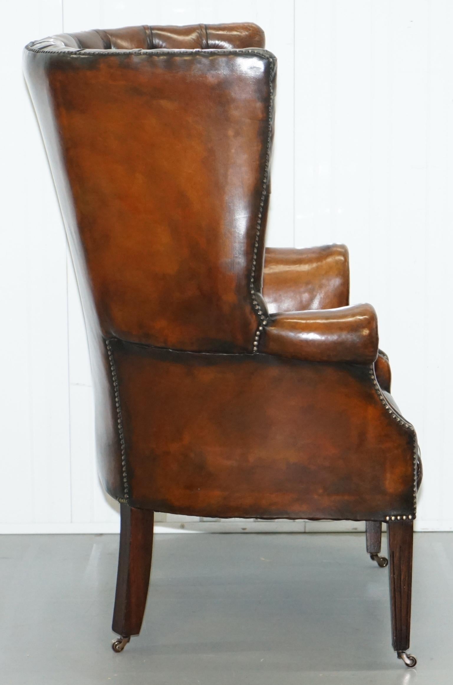 1930s Pair of Chesterfield Barrel Back Porters Wingback Armchairs Brown Leather 5