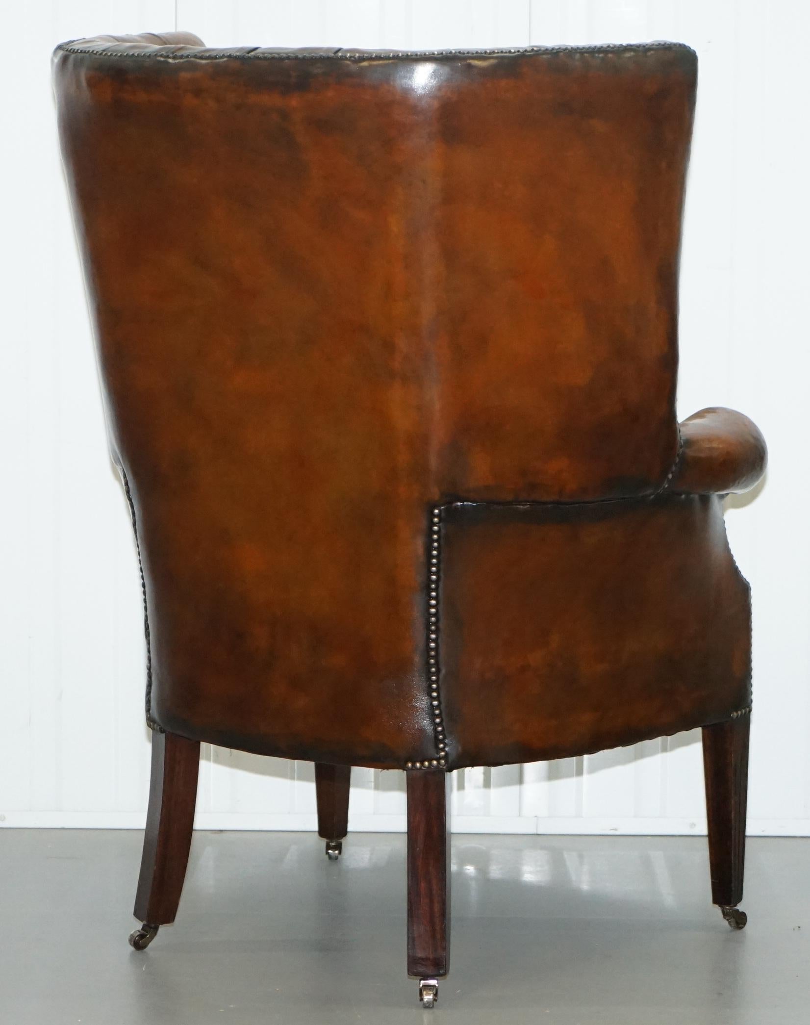1930s Pair of Chesterfield Barrel Back Porters Wingback Armchairs Brown Leather 6