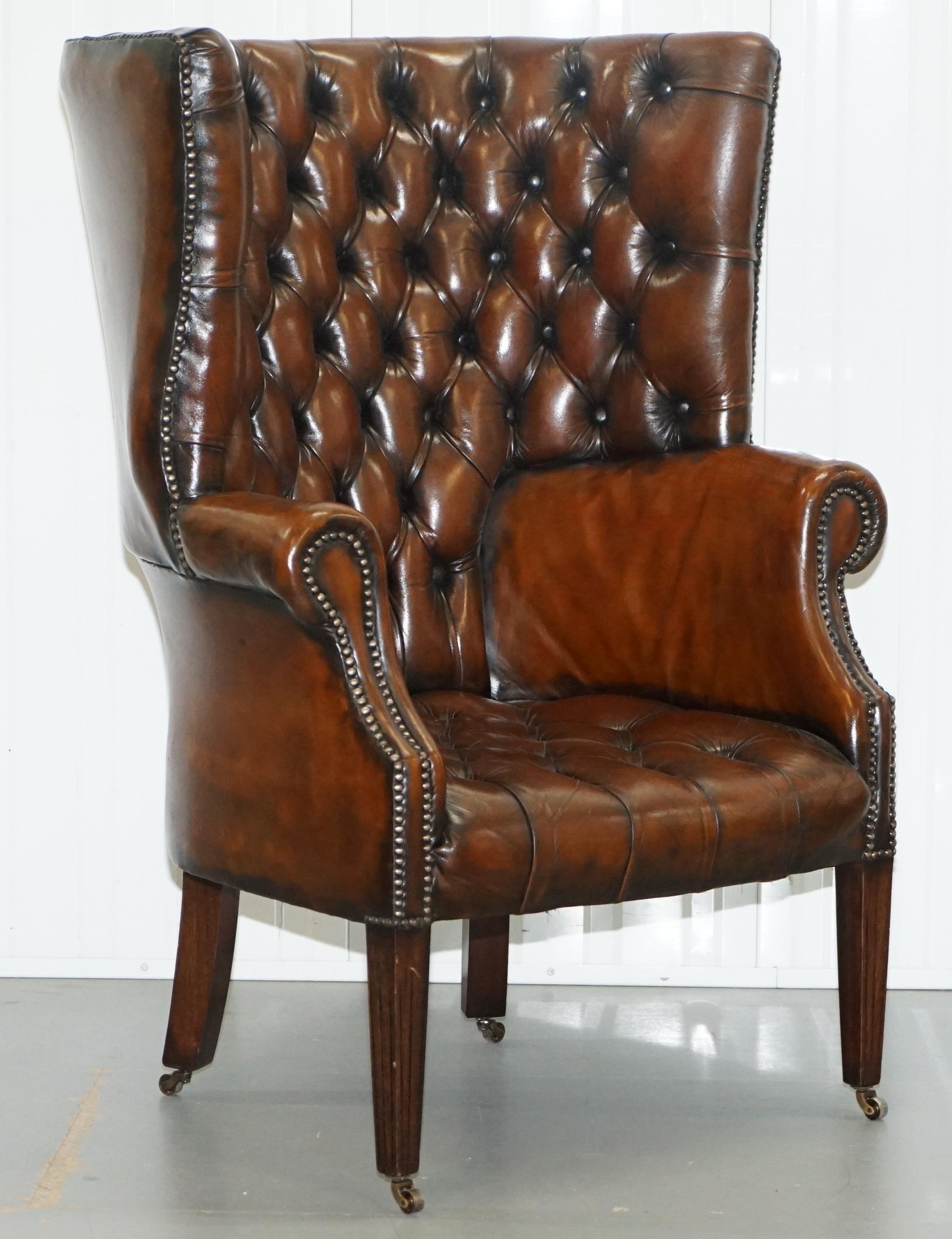 1930s Pair of Chesterfield Barrel Back Porters Wingback Armchairs Brown Leather 8