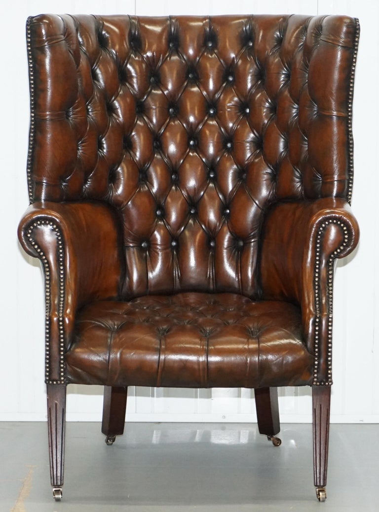 1930s Pair of Chesterfield Barrel Back Porters Wingback Armchairs Brown