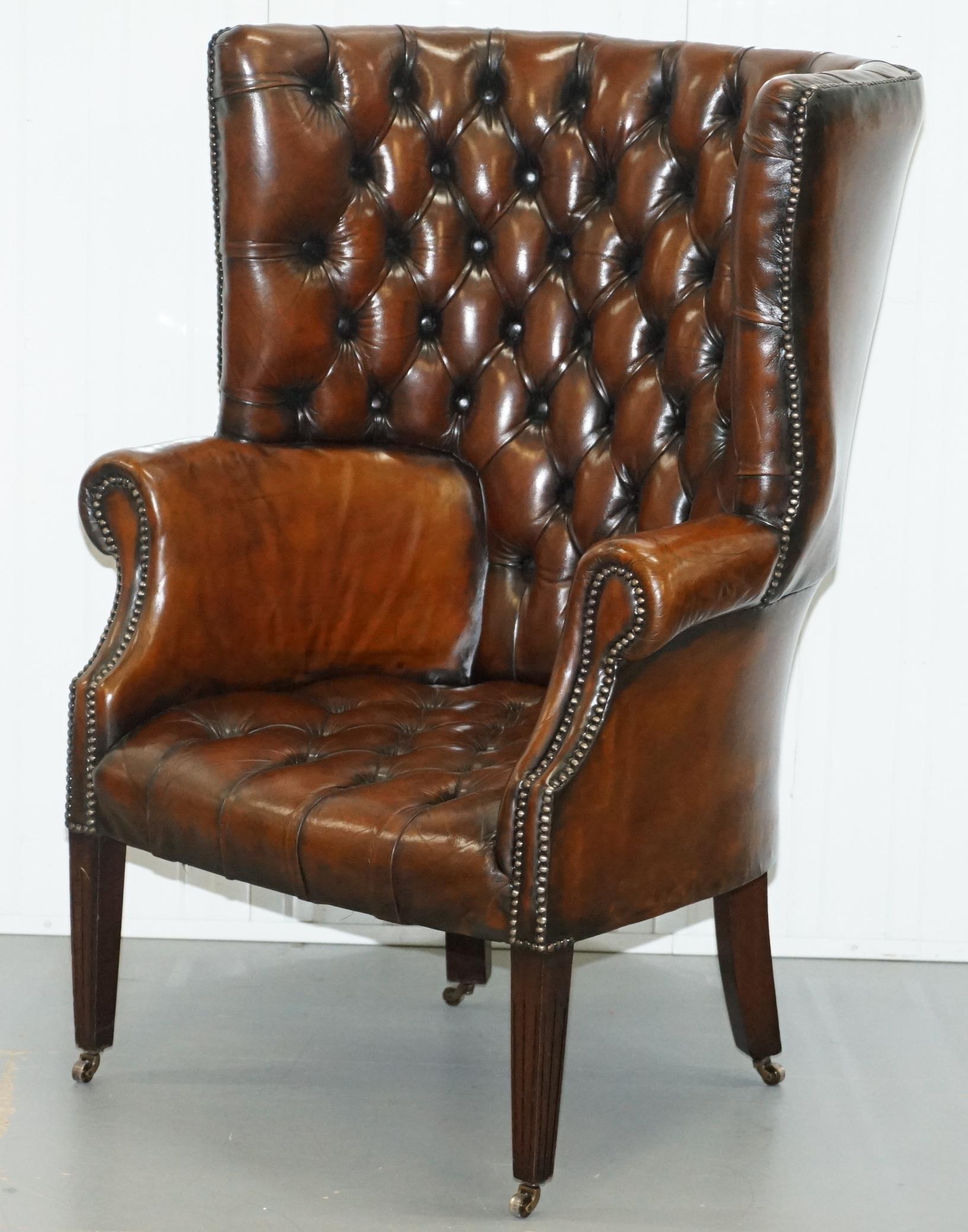 1930s Pair of Chesterfield Barrel Back Porters Wingback Armchairs Brown Leather 10