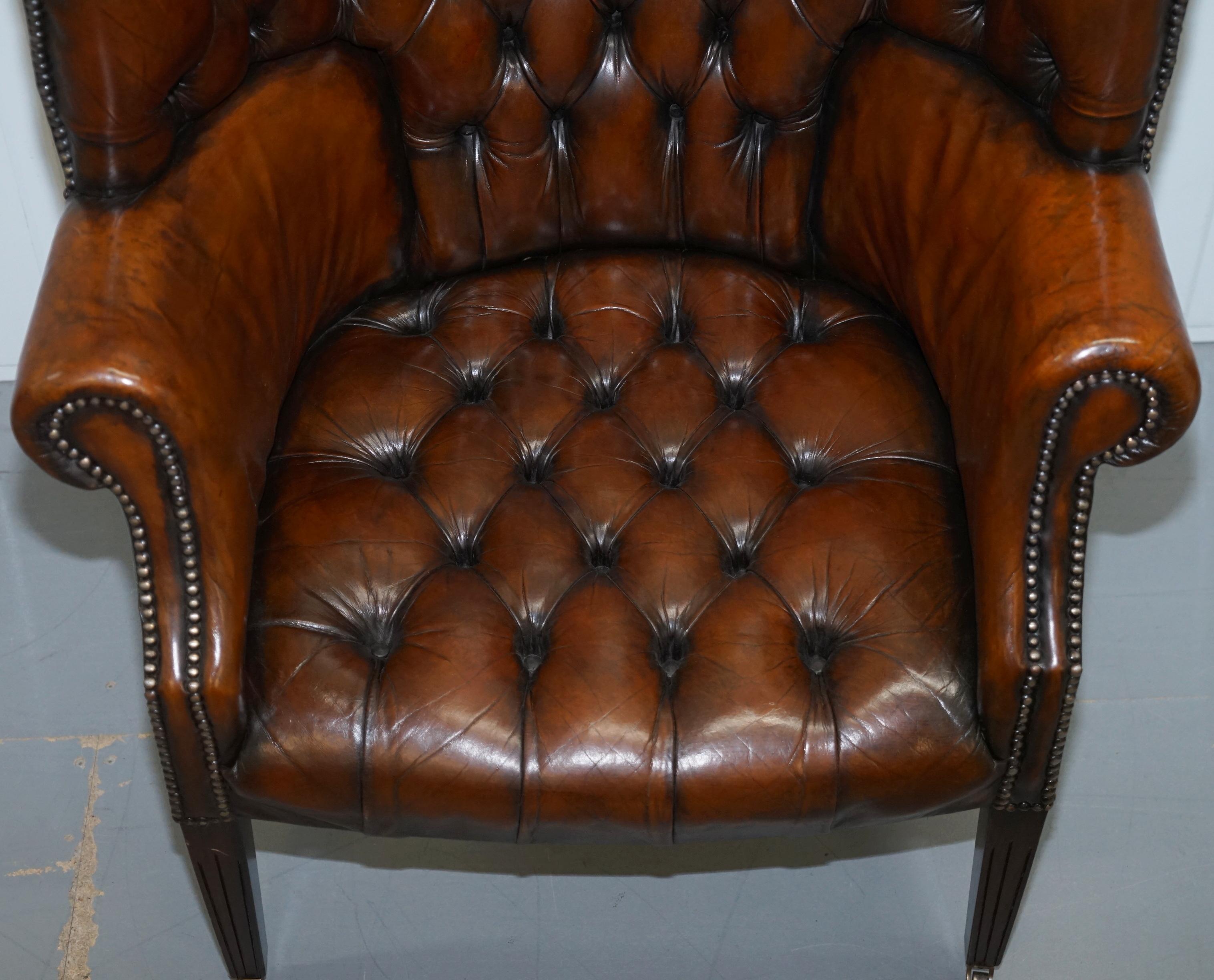 1930s Pair of Chesterfield Barrel Back Porters Wingback Armchairs Brown Leather 11