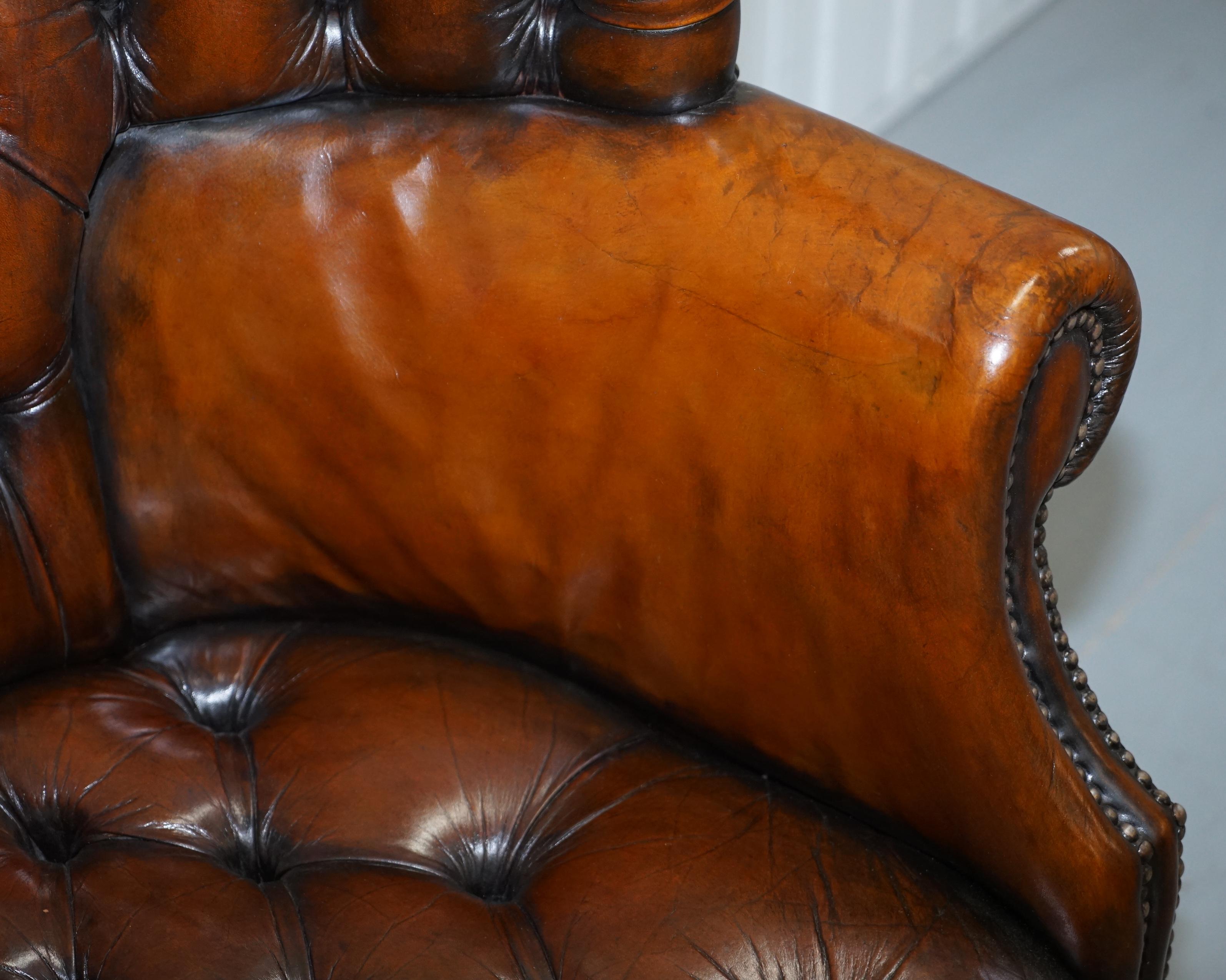 1930s Pair of Chesterfield Barrel Back Porters Wingback Armchairs Brown Leather 12