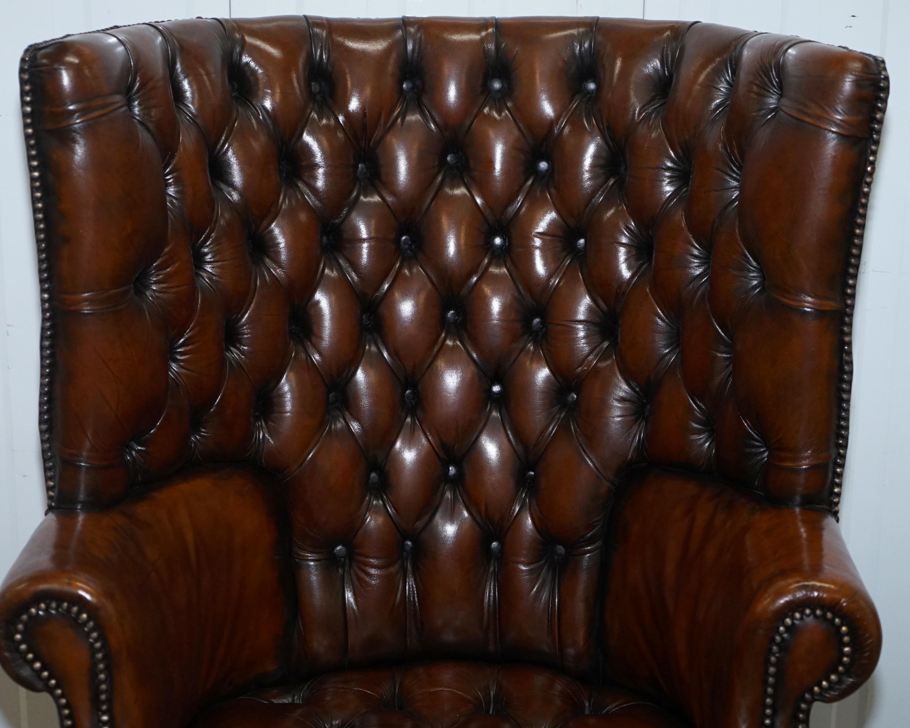 1930s Pair of Chesterfield Barrel Back Porters Wingback Armchairs Brown Leather 13