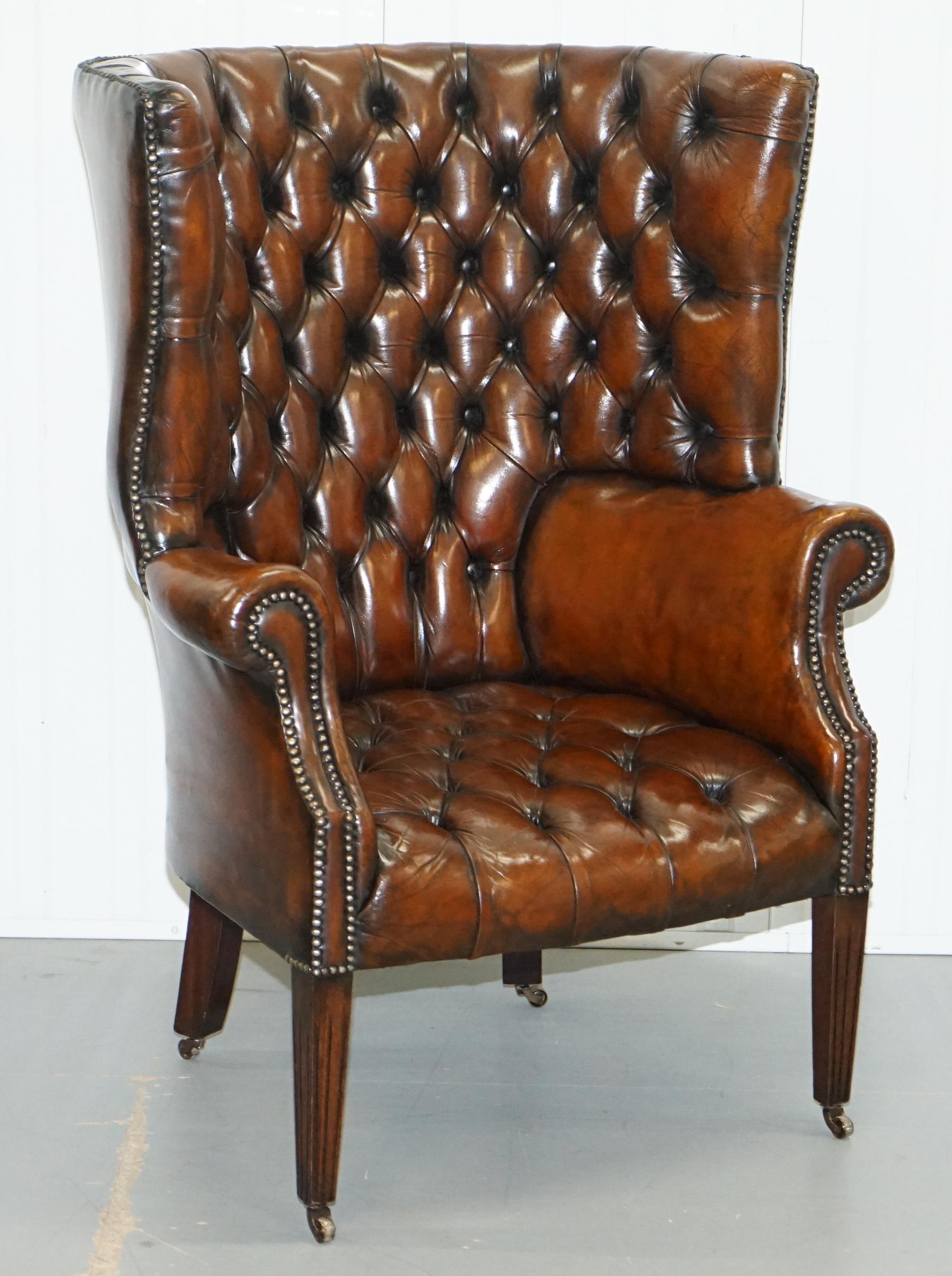 We are delighted to offer for sale this stunning pair of very rare fully restored late 1930s Porters Barrel back armchairs with vintage castors 

These chairs are a real tour de force, they have absolutely everything going for them, the leather