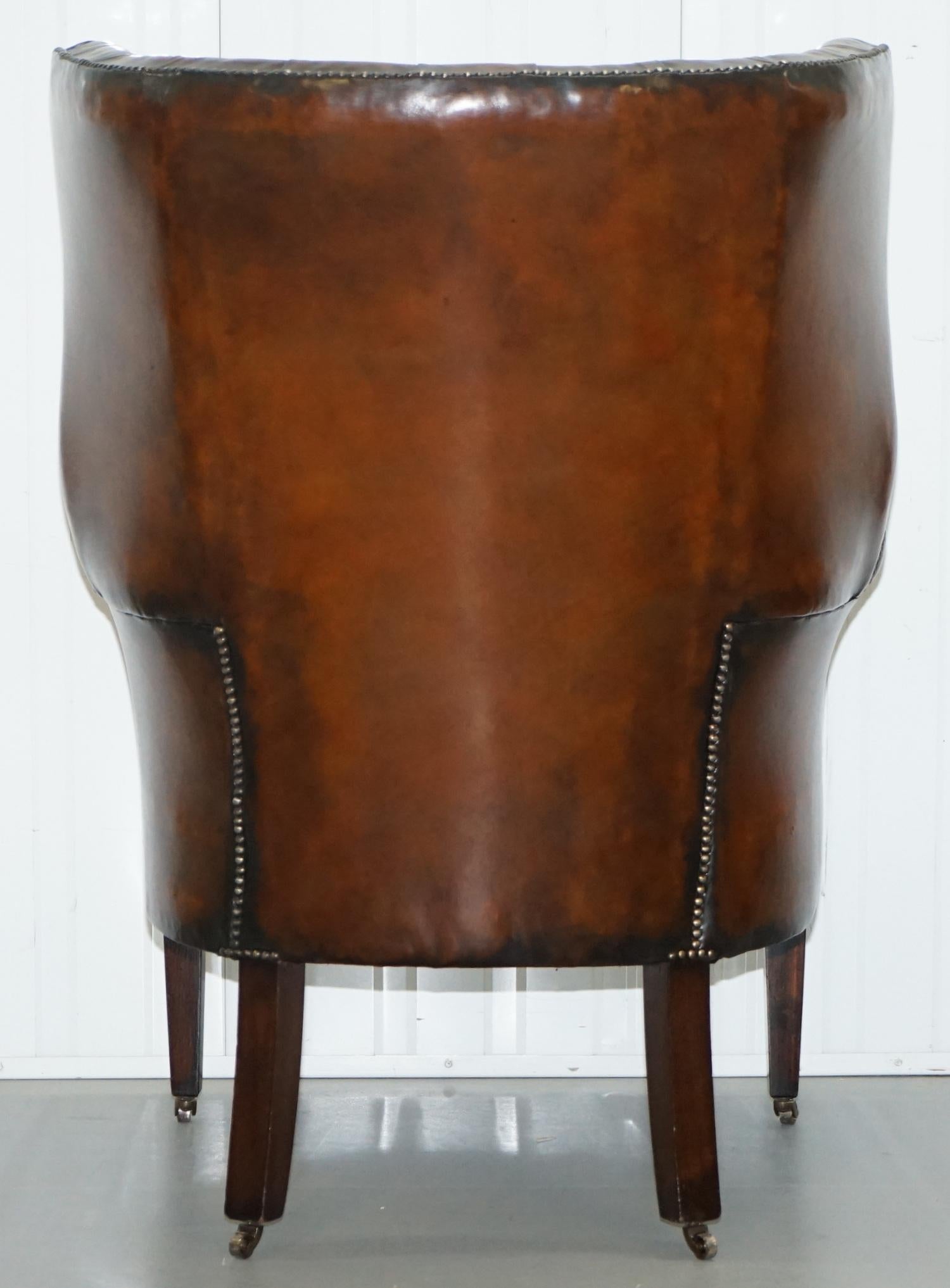 1930s Pair of Chesterfield Barrel Back Porters Wingback Armchairs Brown Leather 14